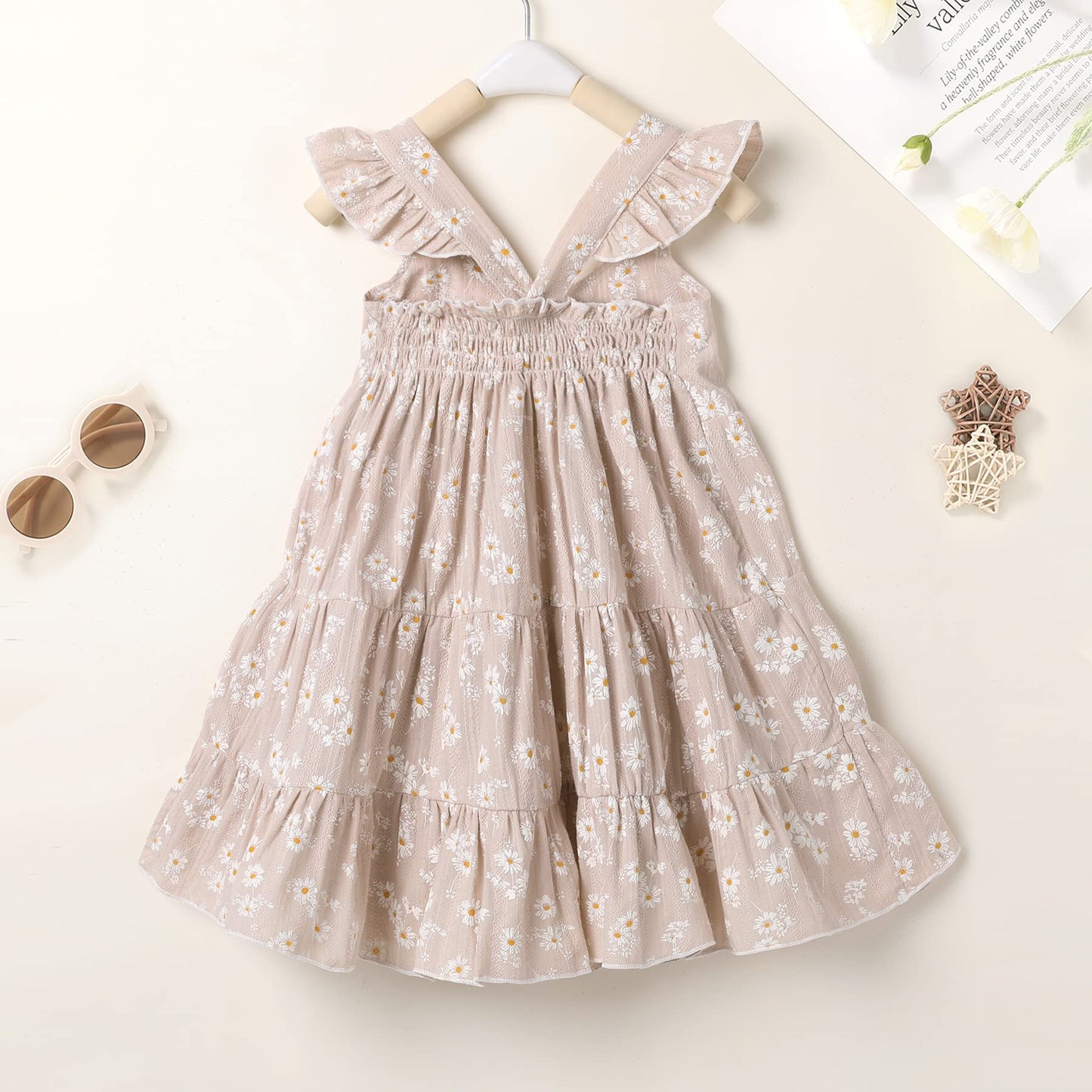 Younger Tree Toddler Baby Girl Dress Summer Outfits Floral Flutter Sleeve Smocked Dress Kids Causal Boho Dresses Clothes (7-8T,