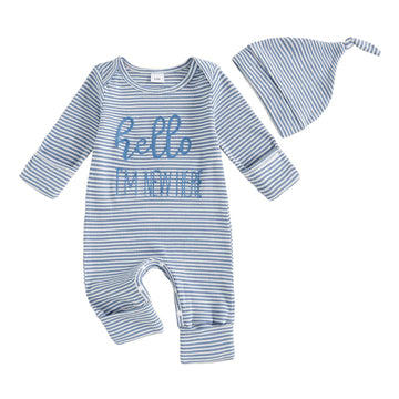 Fernvia Newborn Baby Boy Clothes Letters Print Bodysuit 3 6 9 12 18 Months Long Sleeve Jumpsuit with Hat 2PCS Outfits Set (D Blu