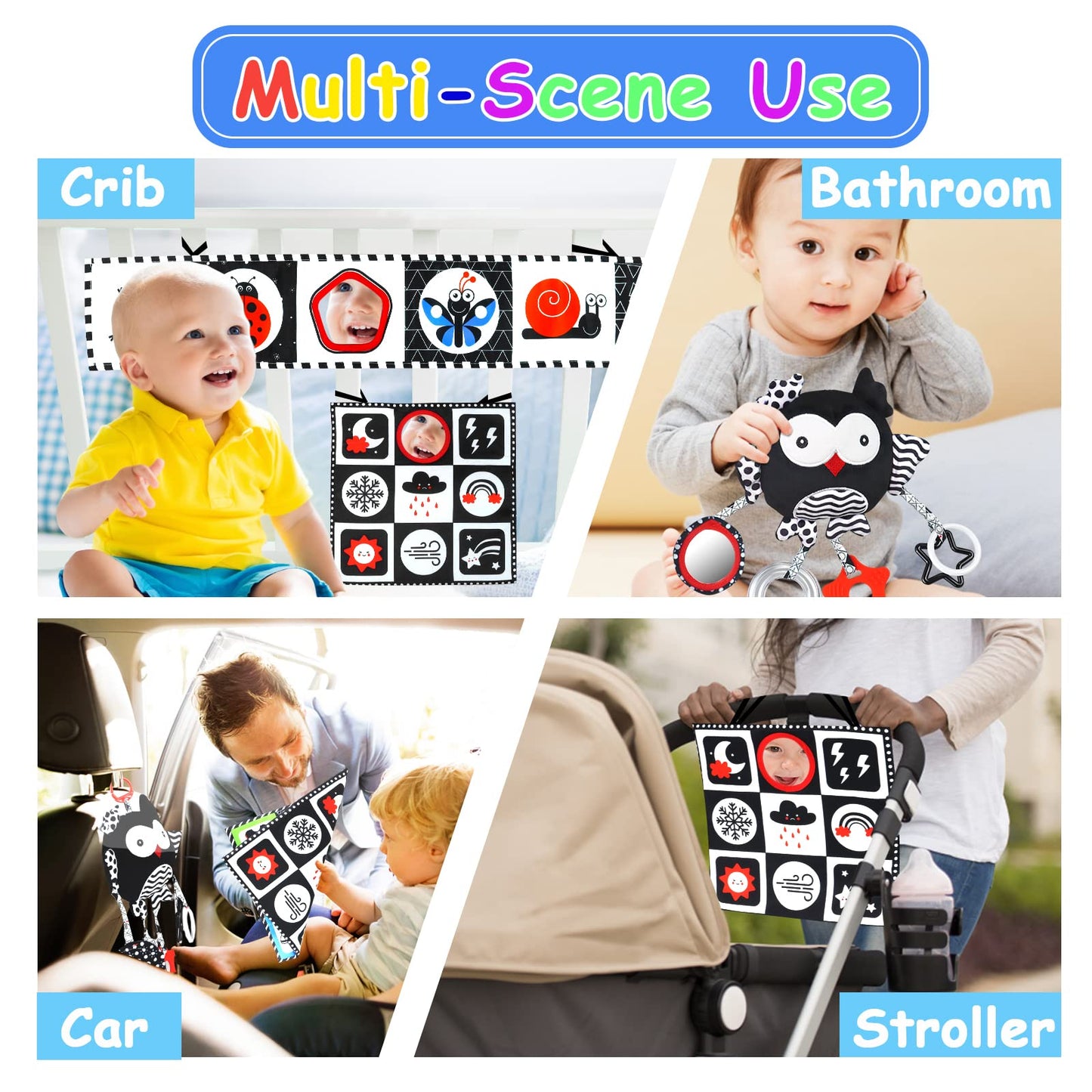 Black and White High Contrast Baby Toys 0-6 Months with Mirror, Crinkle and Rattles, Soft Baby Toys for Brain Development Montes