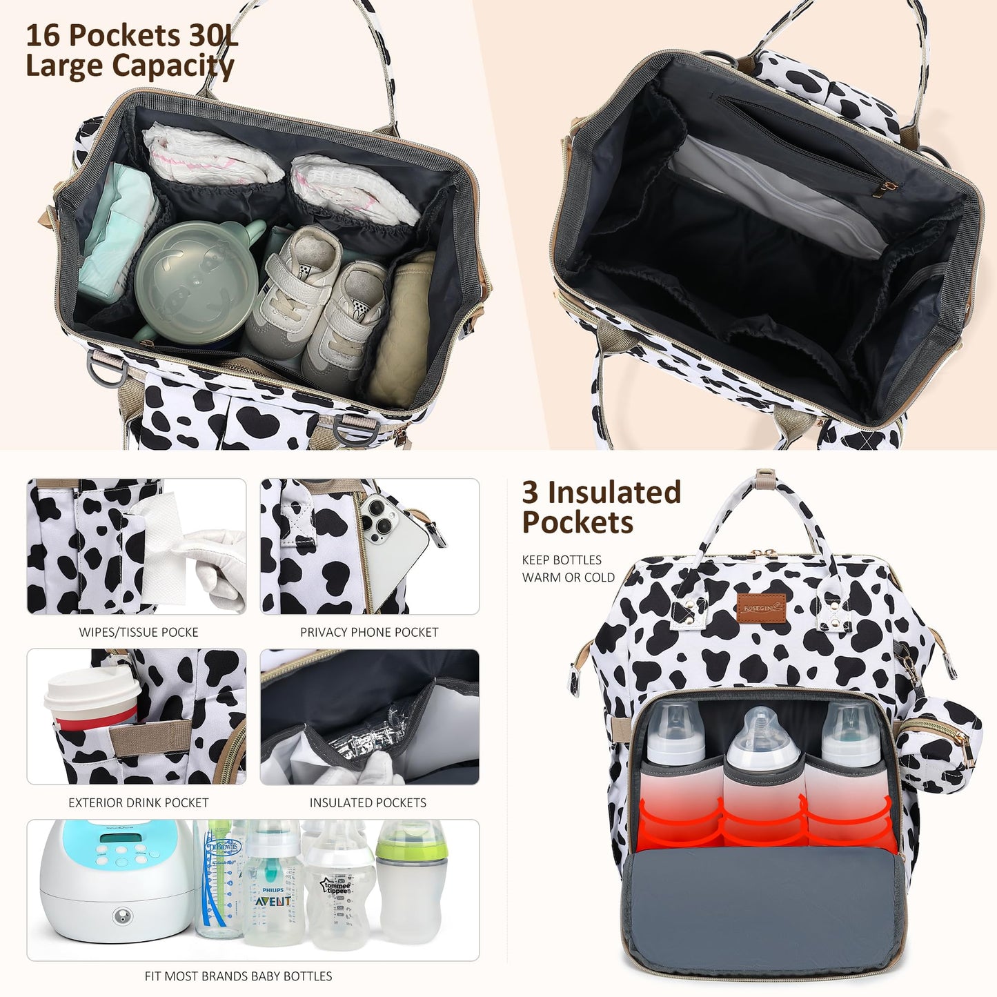 Rosegin Diaper Bag Backpack With Changing Pad, Pacifier Case, Baby Bag For Boy Girl Toddler - Large, Stylish, Waterproof Travel