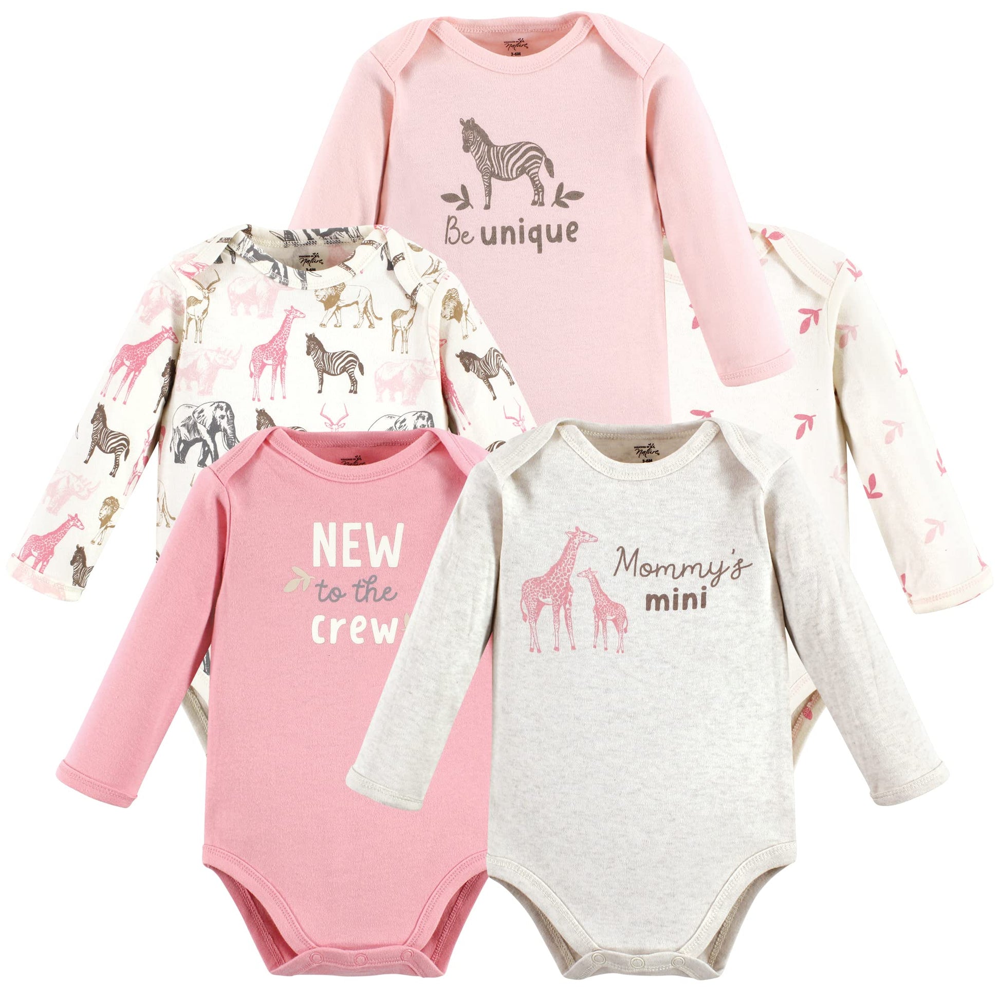 Touched By Nature Unisex Baby Organic Cotton Long-Sleeve Bodysuits, Girl Safari, 12-18 Months