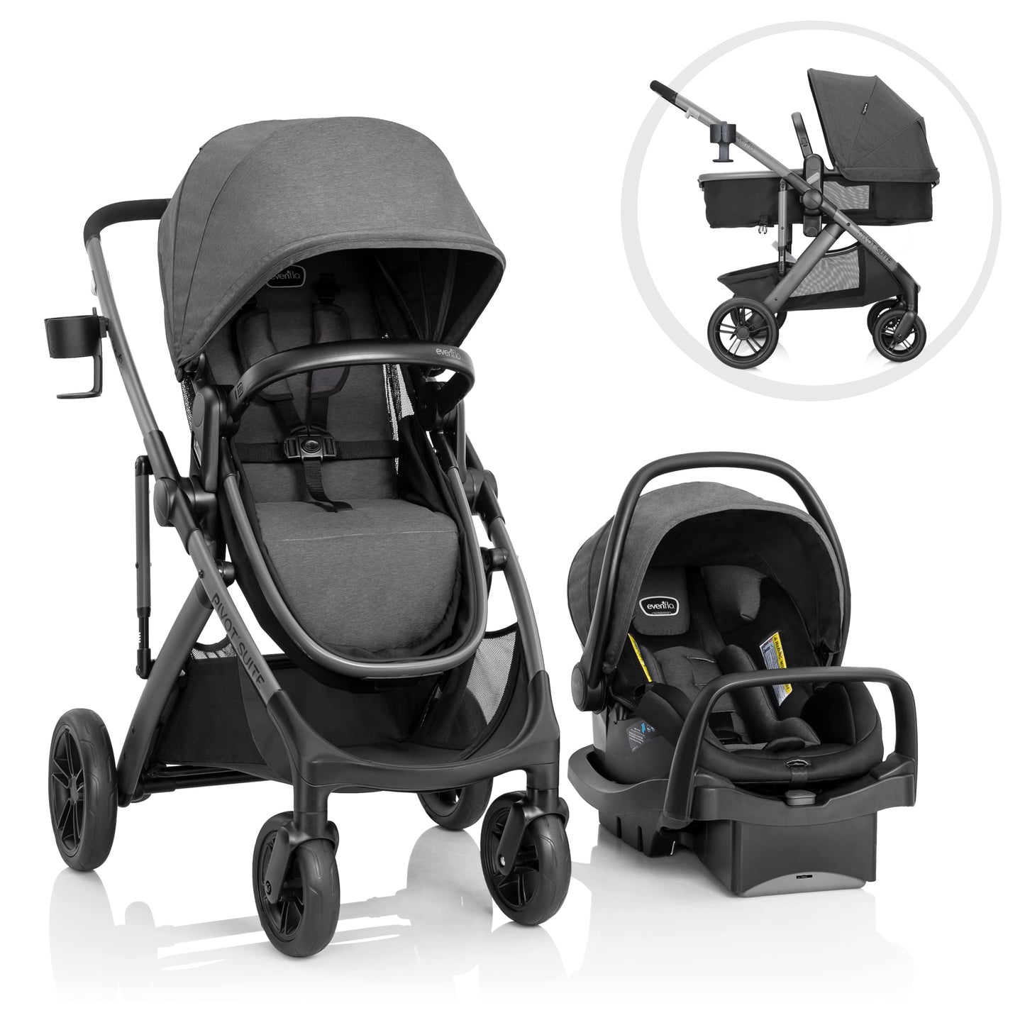 Evenflo Pivot Suite Modular Travel System with LiteMax Infant Car Seat, Devon Gray