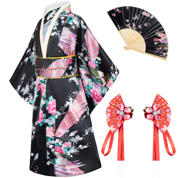 Elibelle Japanese Traditional Dress Kimono Robe For Kids Girls Costume Silk Folding Fans Hairstick Set(Black110Cm)