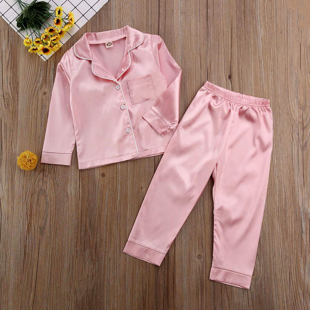 Toddler Baby Kids Satin Pajamas Set, Long Sleeve Button-Down Sleepwear Pjs For Girls (4T, A-Pink)