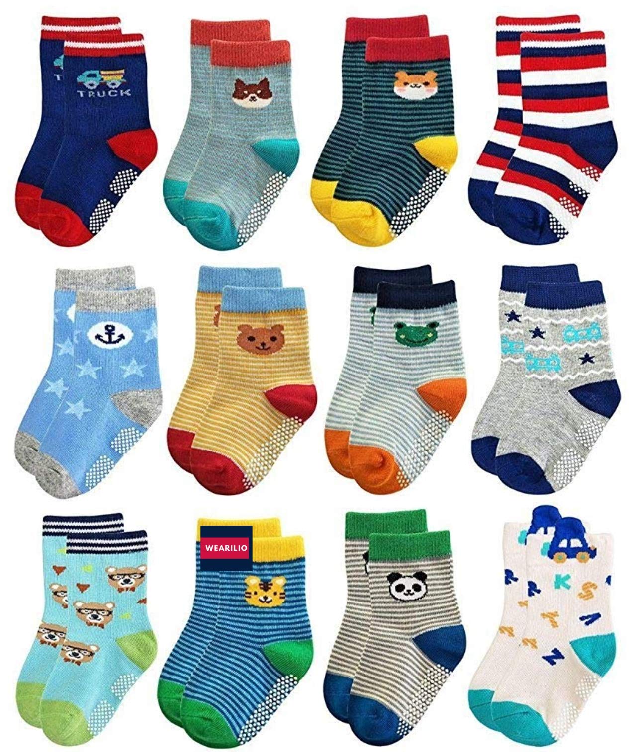 Wearilio Anti Slip Socks For Babies And Kids, Pack Of 6 (Colours And Designs May Vary) (Boys, 2436 Months)