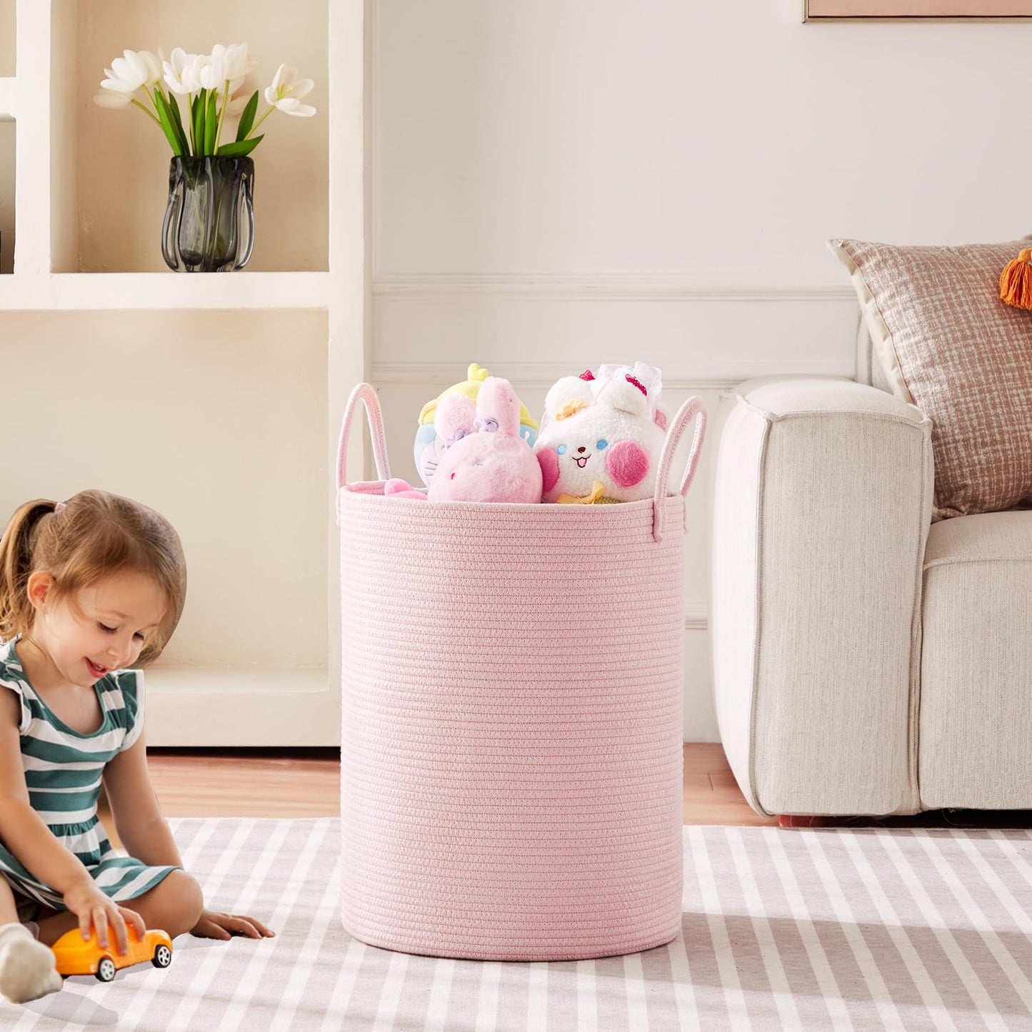 Mojoscend Pink Hamper Laundry Basket For Baby Girls Nursery Hamper For Kids Woven Rope Clothes Basket For Little Girls Room Bedr