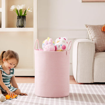 Mojoscend Pink Hamper Laundry Basket For Baby Girls Nursery Hamper For Kids Woven Rope Clothes Basket For Little Girls Room Bedr