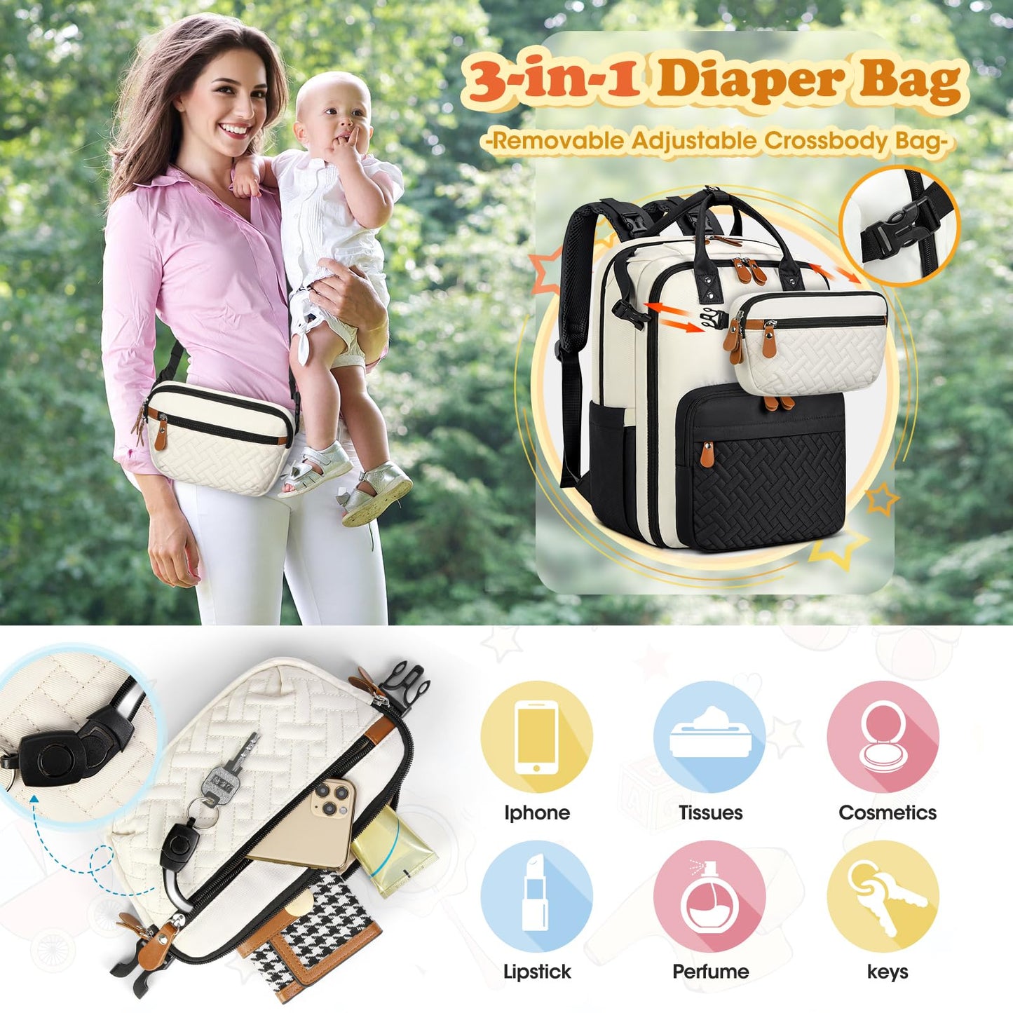 Rainsmore Diaper Bag Backpack, Large Waterproof Baby Bag With Changing Pad, Detachable Crossbody Bag & Stroller Straps Travel Di
