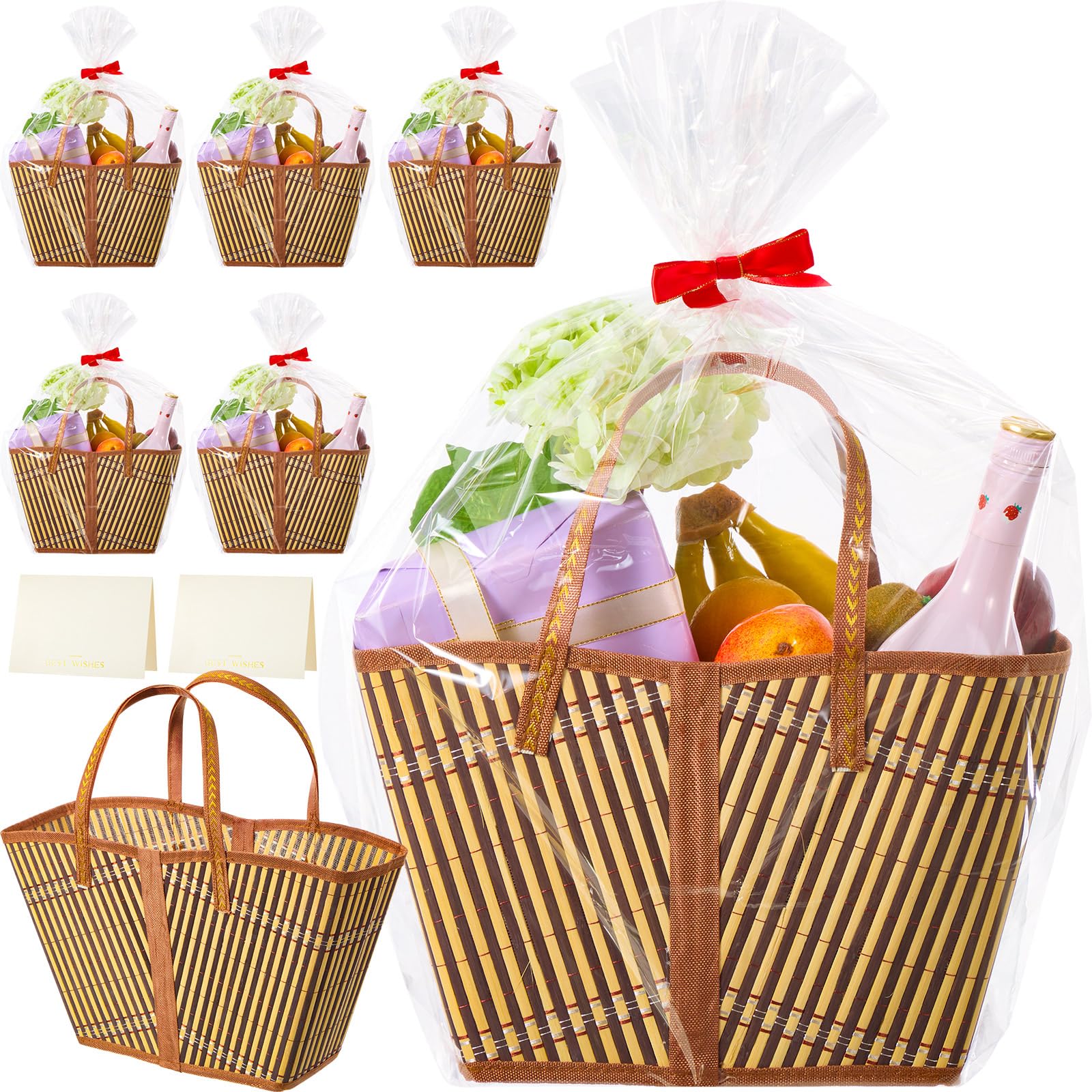 Quzzil 6 Set Baskets for Gifts Empty, Sturdy Large Woven Bamboo Gift Basket Kit with Handle Wrap Bag Red Bow to Fill for Father 