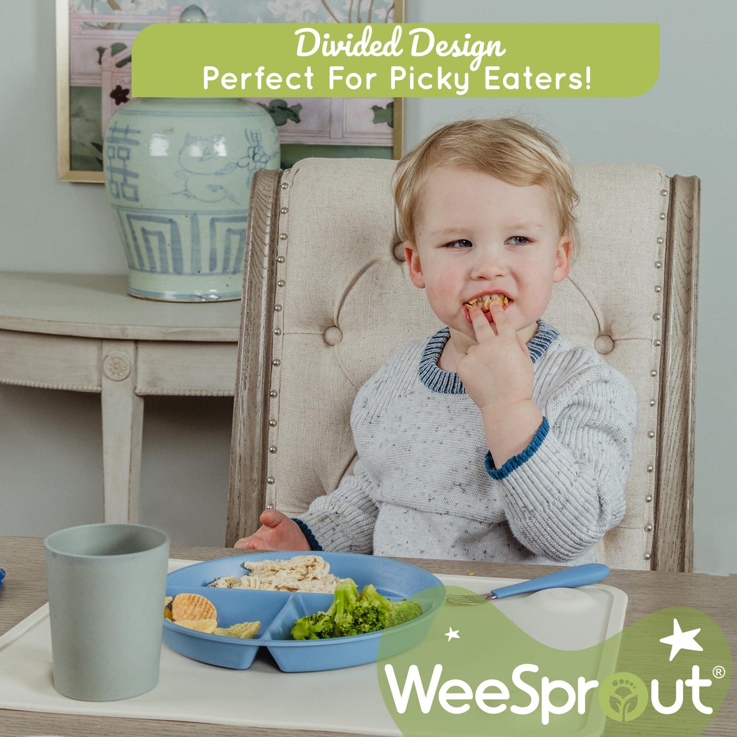 Weesprout Divided Bamboo Plates For Kids, Kids Plates Made With Food Grade Natural Bamboo, Divided Design For Picky Eaters, Kid-