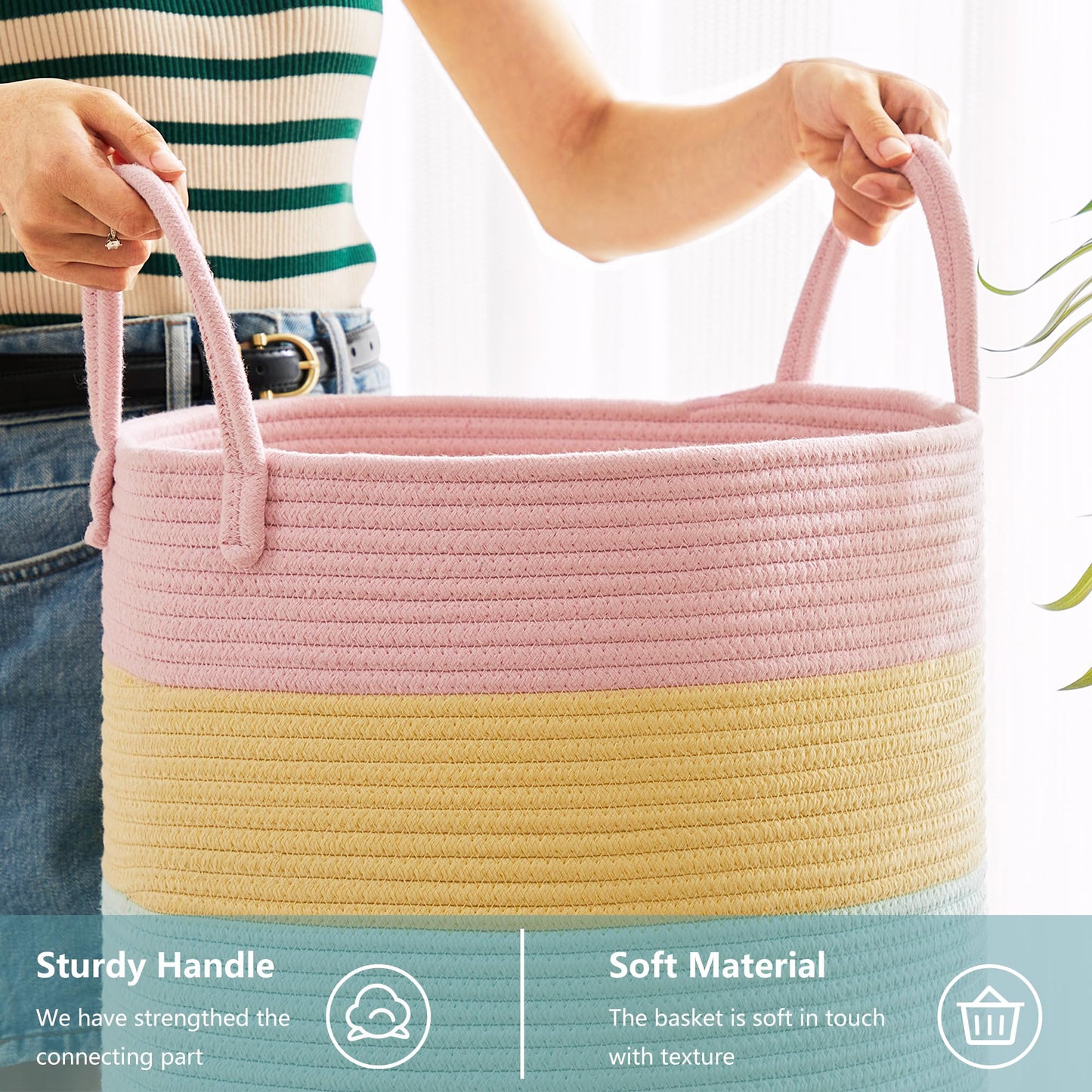 Mojoscend 80L Extra Large Rainbow Baby Girls Hamper Laundry Basket For Kids Nursery Pastel Tall Blanket Basket For Toy Woven Rop