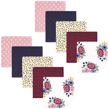 Hudson Baby Unisex Baby Flannel Washcloths, Blush Navy Floral 10Pk, One Size