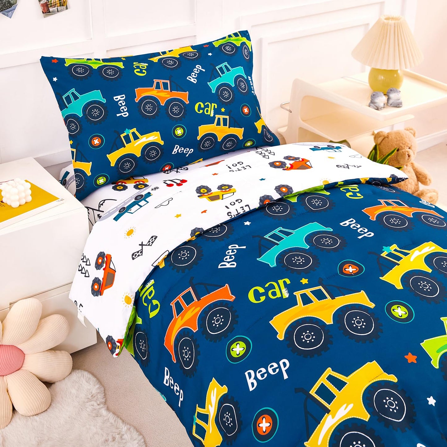 Perfemet Navy Blue Car Print Toddler Comforter Set, 4 Pieces Toddler Beeding Sets For Boys, Soft Reversible Kids Bed Set, Fluffy