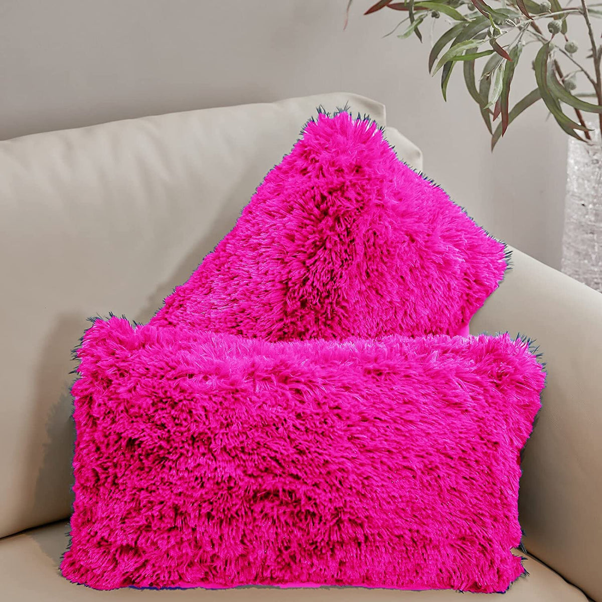 Catchyx Cart Set of 2 Rectangular Fur Pillow Cushion for Sofa (18x12) Inches (Dark Pink)