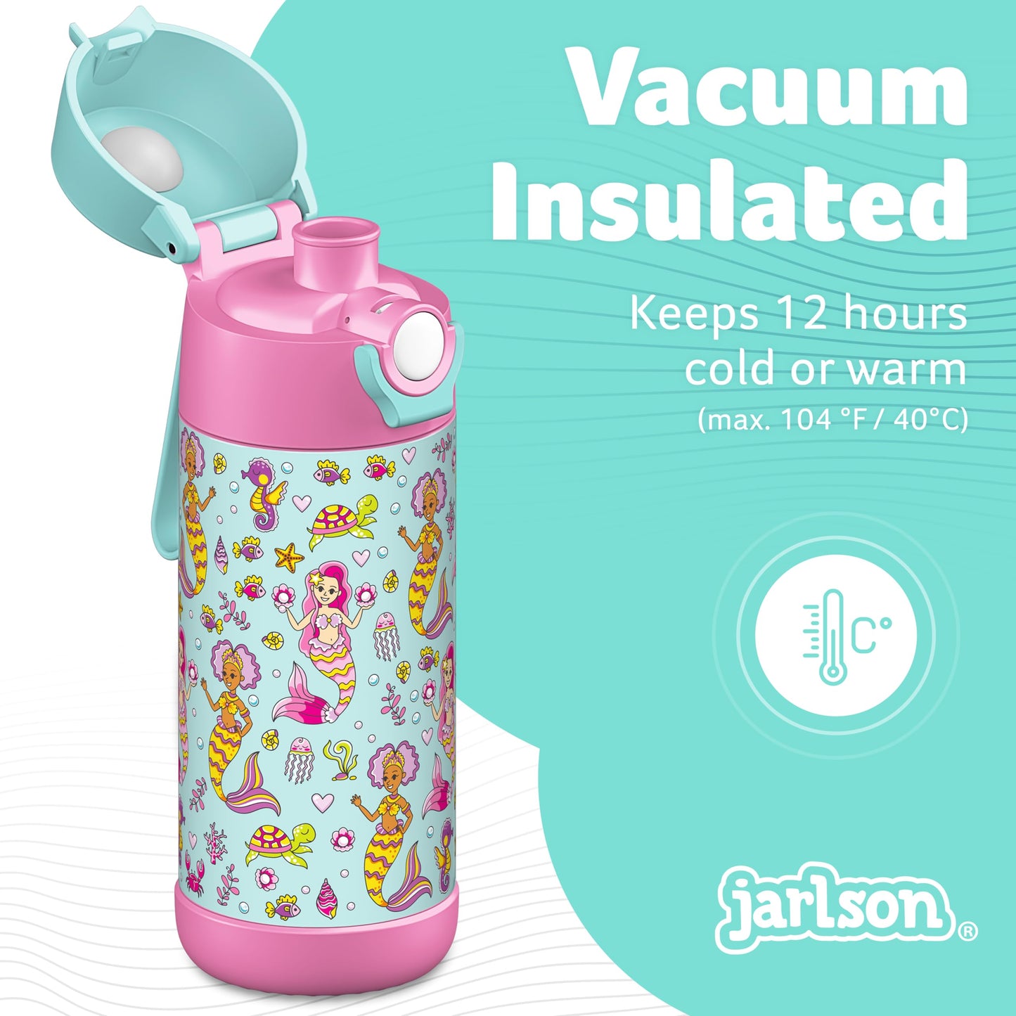 Jarlson    Kids Water Bottle - Mali - Insulated Stainless Steel Water Bottle With Chug Lid - Thermos - Girls/Boys (Mermaid  'Mos