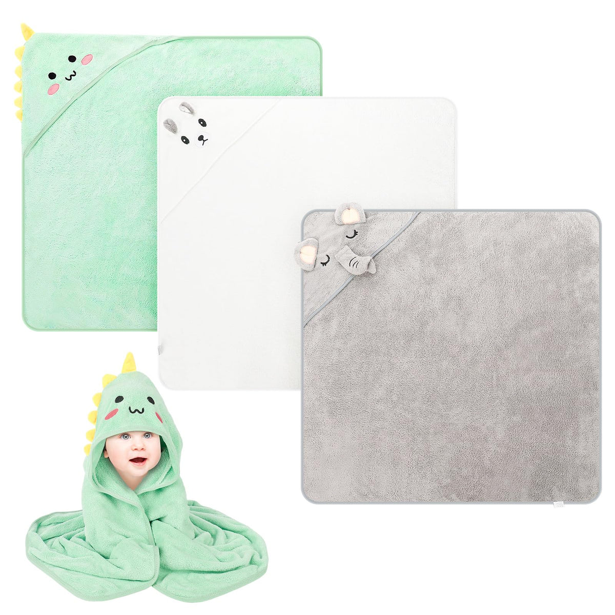 GSrenyu 3 Pcs Hooded Baby Towels, Ultra Soft Newborn Towels with Hood, Cute Animal Design Absorbent Baby Bath Towels for Newborn