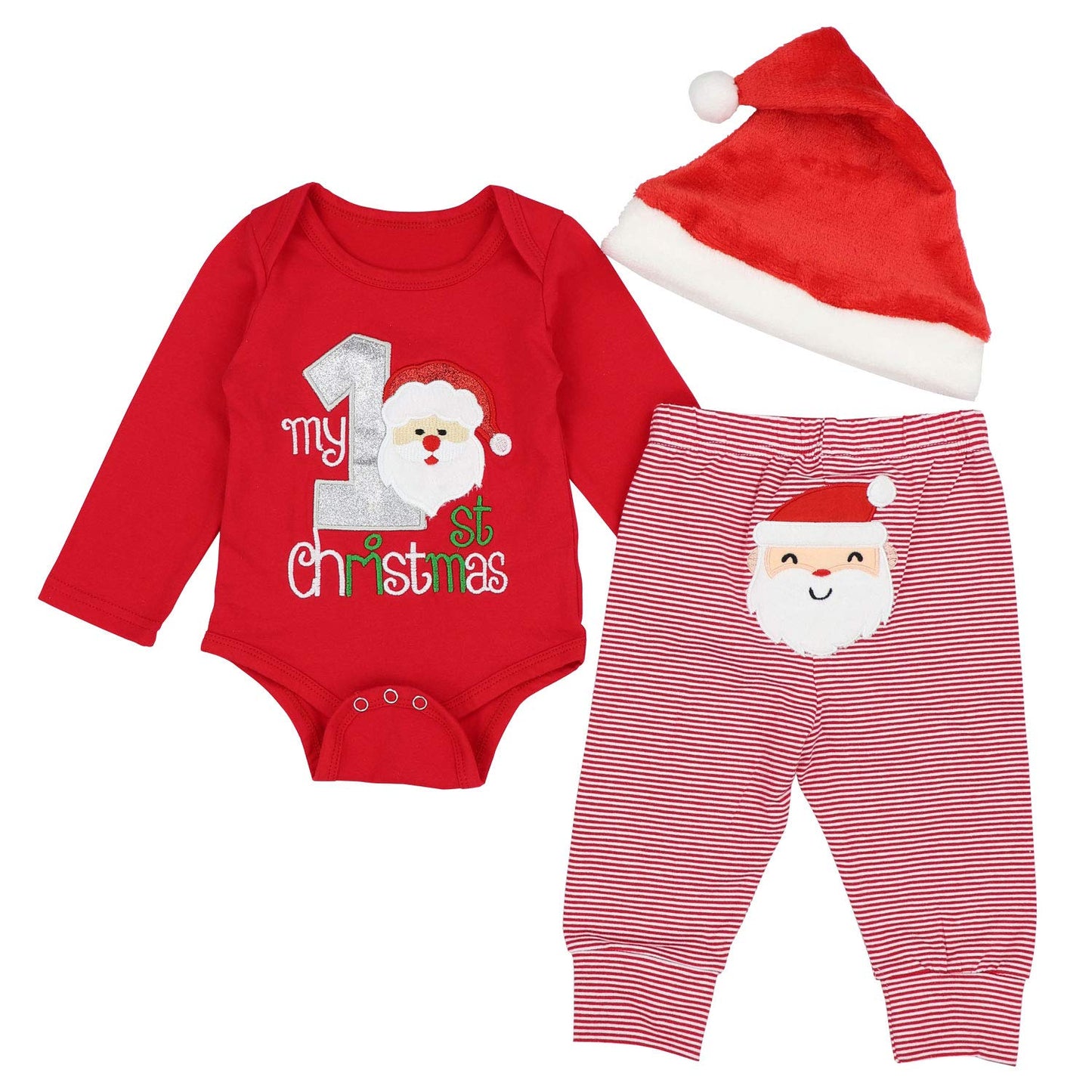 Donwen Christmas Newborn Infant Baby Boys Clothes My 1St Christmas Rompers Bodysuit Santa Claus Pants With Christmas Hat 0-3 Mon