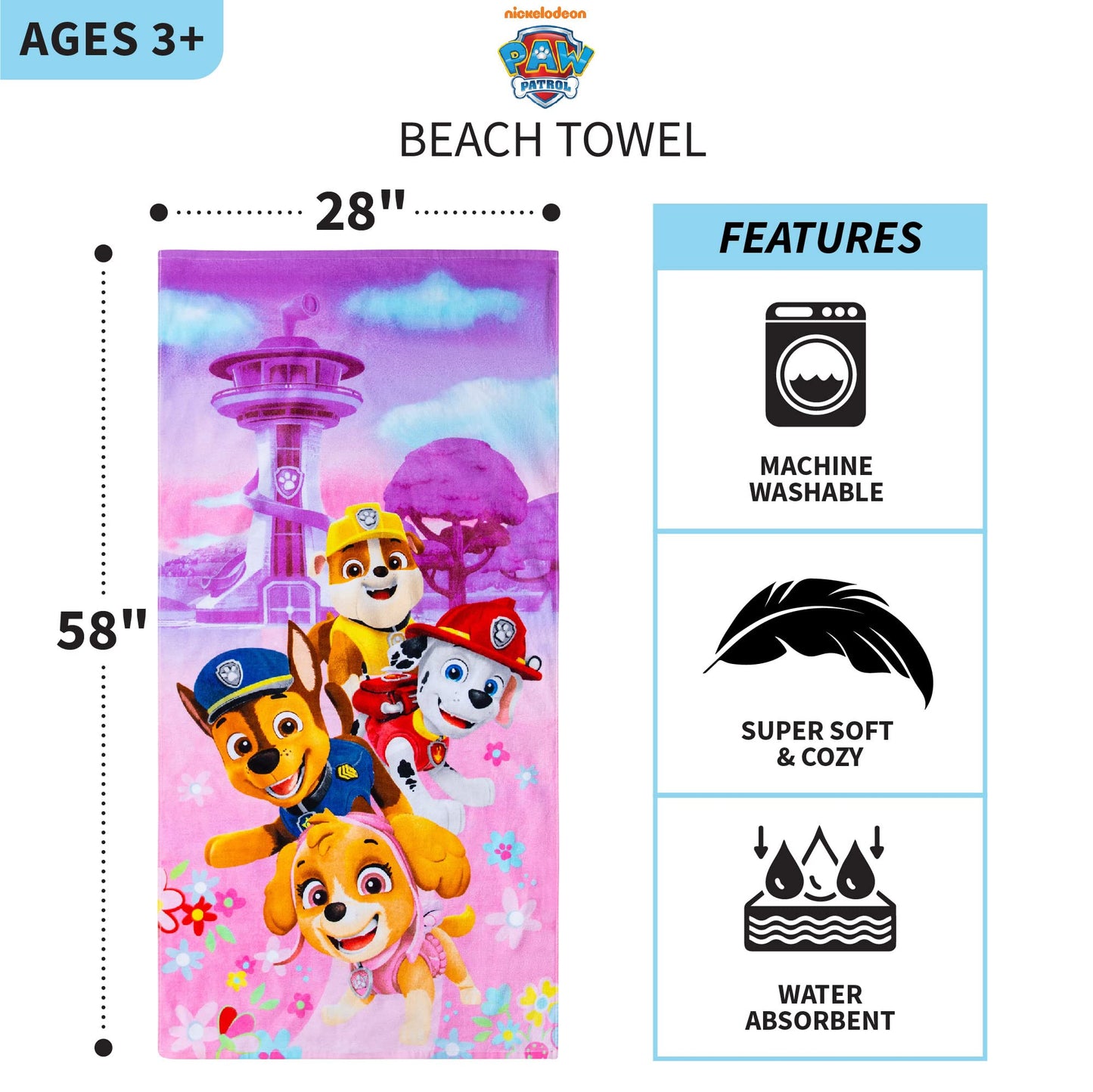 Franco Kids Super Soft Cotton Bath/Pool/Beach Towel, 58 In X 28 In, Paw Patrol Girls