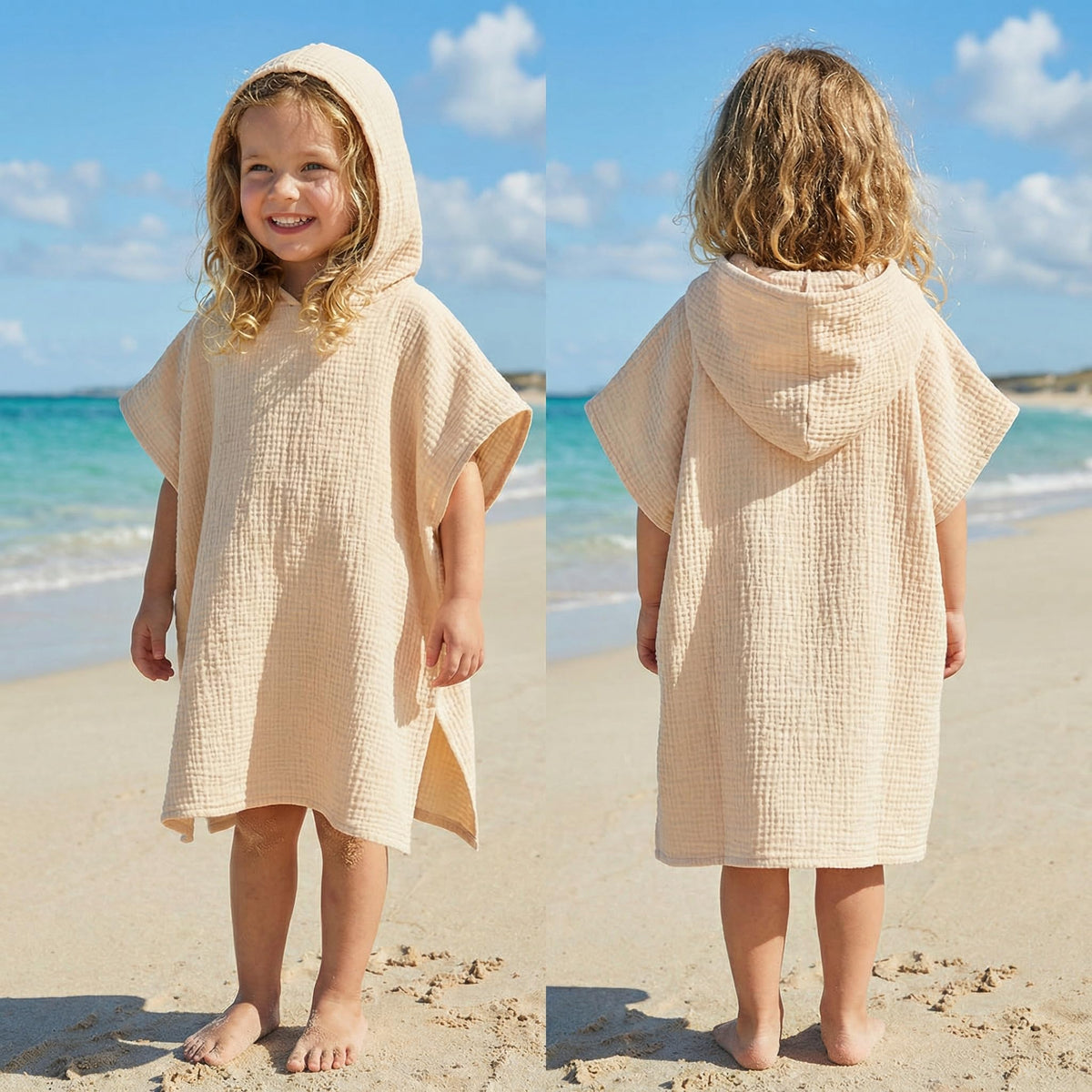 Frienda Muslin Hooded Beach Towel for Kids 22 x 26 Inch Soft Cotton Newborn Bath Towel Absorbent Baby Blankets Khaki Fast Drying