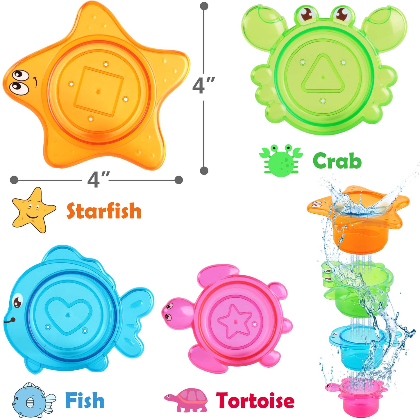 iPlay, iLearn Baby Bath Toys w/ Organizer, Water Squirting Octopus, Wind Up Swimming Turtle, Bathtub & Shower, Stacking Cups, Gi