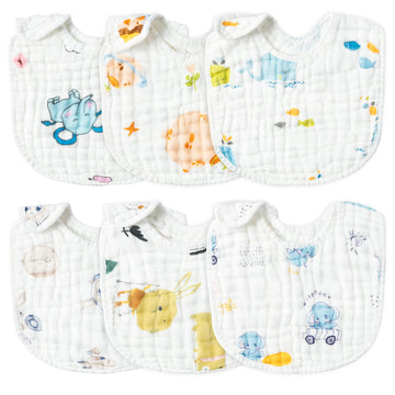 Zainpe 6Pcs Snap Muslin Cotton Baby Bibs Elephant Whale Rabbit Pattern Feeding Bib Adjustable Machine Washable Unisex Burp Cloth