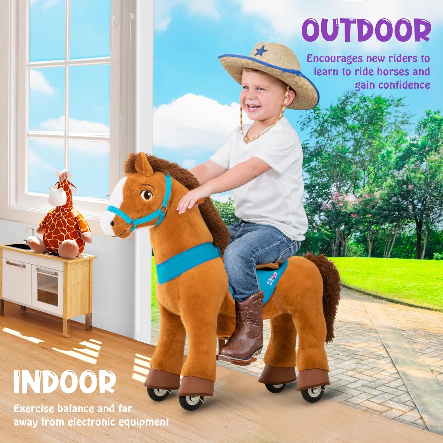 PonyCycle Ride on Horse Toys for Kids Riding Brown Horse Rocking Horse Essential Model E (with Brake/ 35.4 Height/Size 4) Ride o