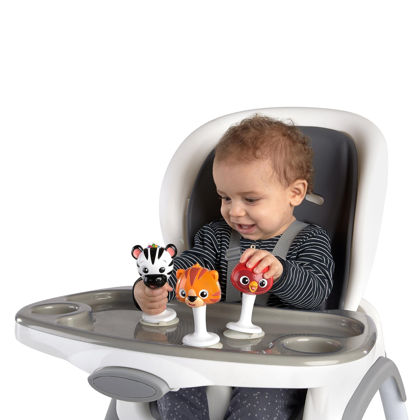 Baby Einstein Rattle & Jingle Trio High Chair Suction Toys Take-Along Musical Rattle  Set Age 6 Months +, Multicolor, 3 Count