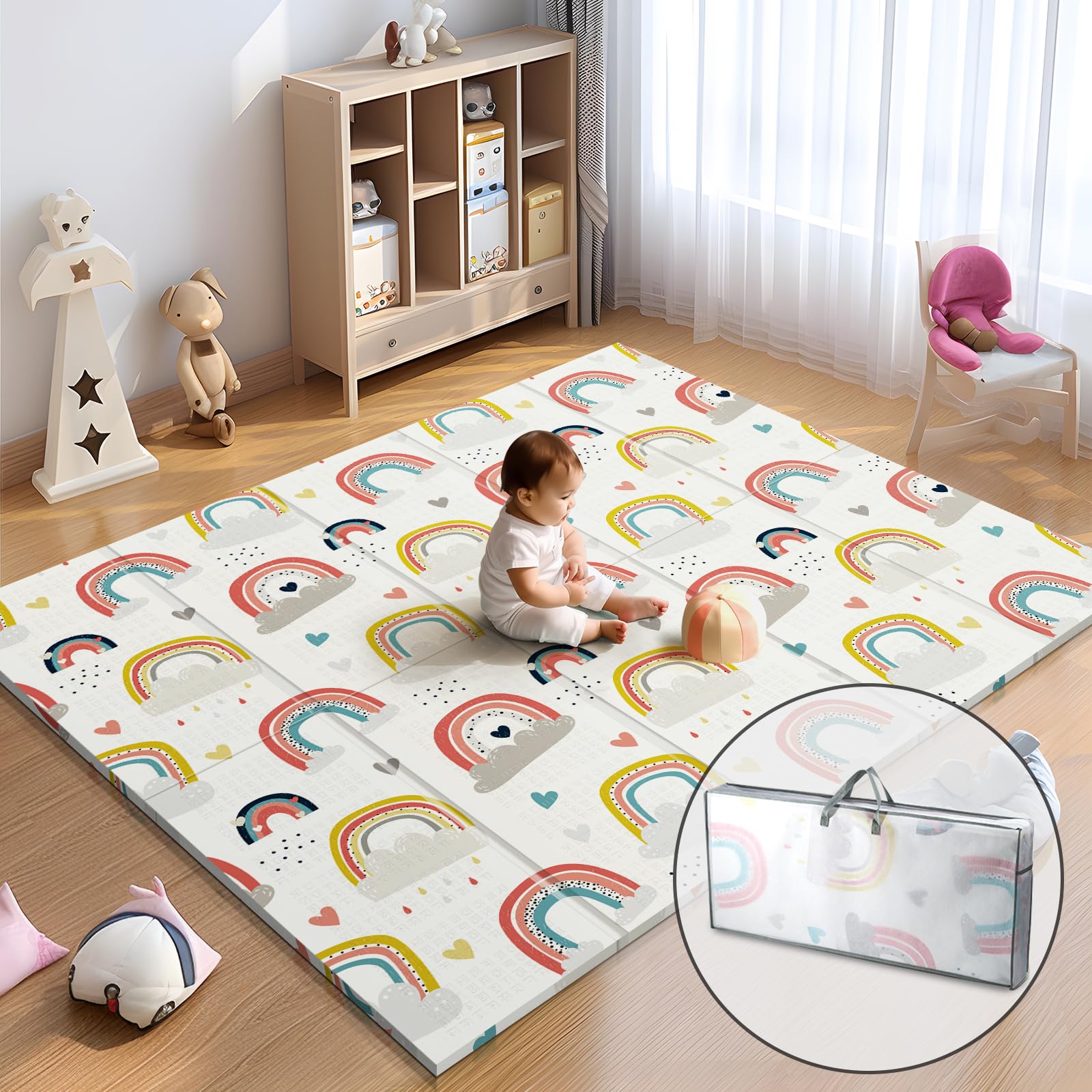 NOONKTY 79 x 71 Baby Play Mats for Floor, Foldable Foam Play Mat for Babies 0-12 months,Thick & Waterproof Playmate for Baby, No