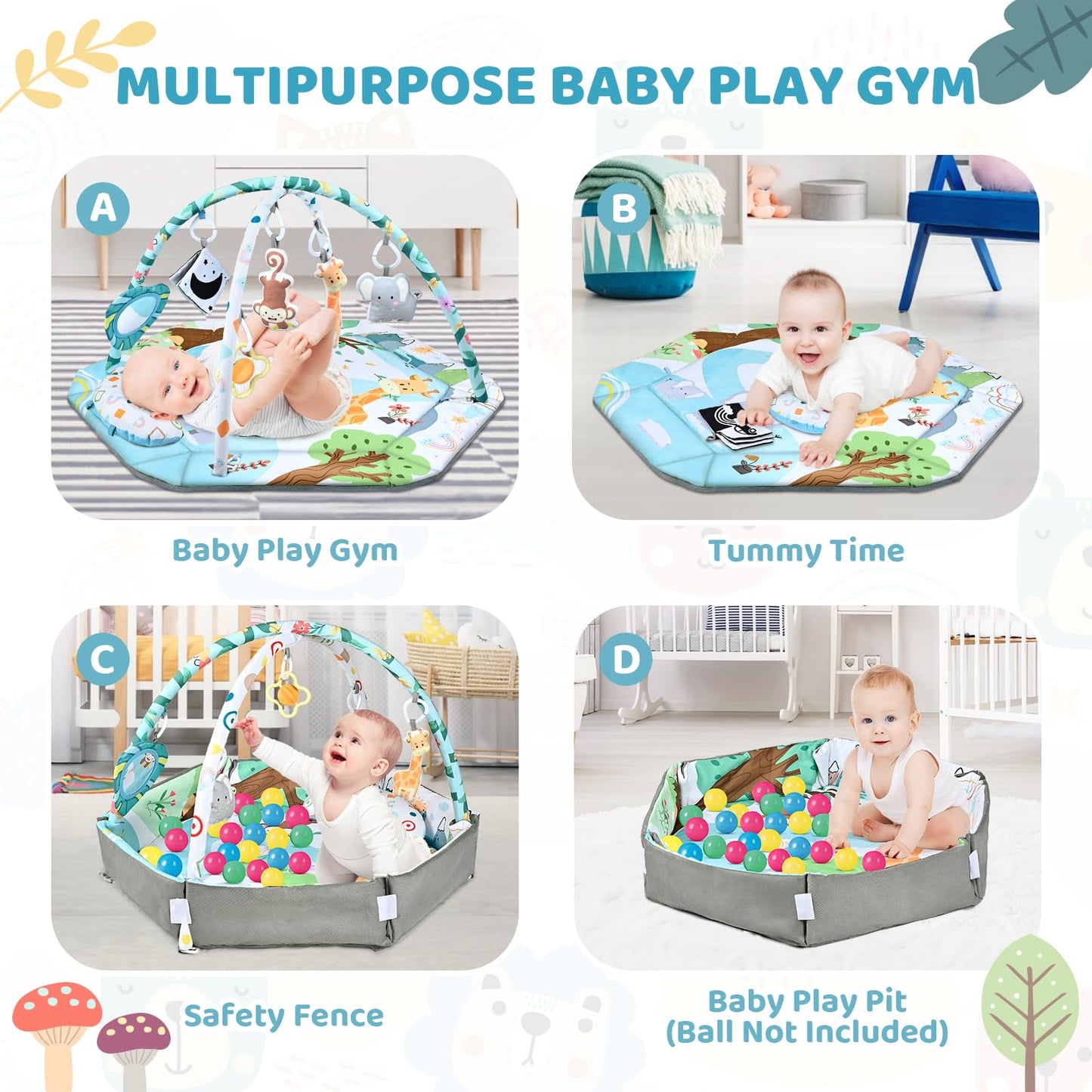 Baby Gym Play Mat, 8-In-1 Tummy Time Mat & Ball Pit With 6 Toys, Washable Baby Activity Play Mat For Visual, Hearing, Sensory, M