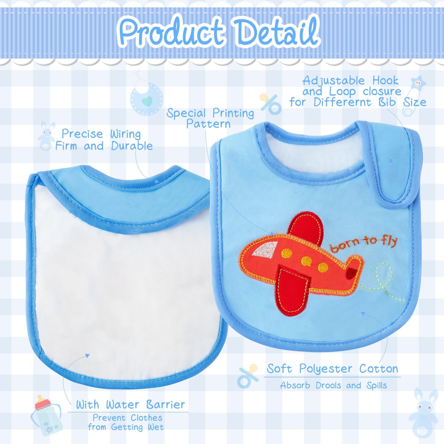 2Ooya 7Pcs Cotton Waterproof Baby Bibs Adjustable Hook Loop Closure Infant Bib Unisex Blue Newborn Infant Food Bibs Keepsake Bab
