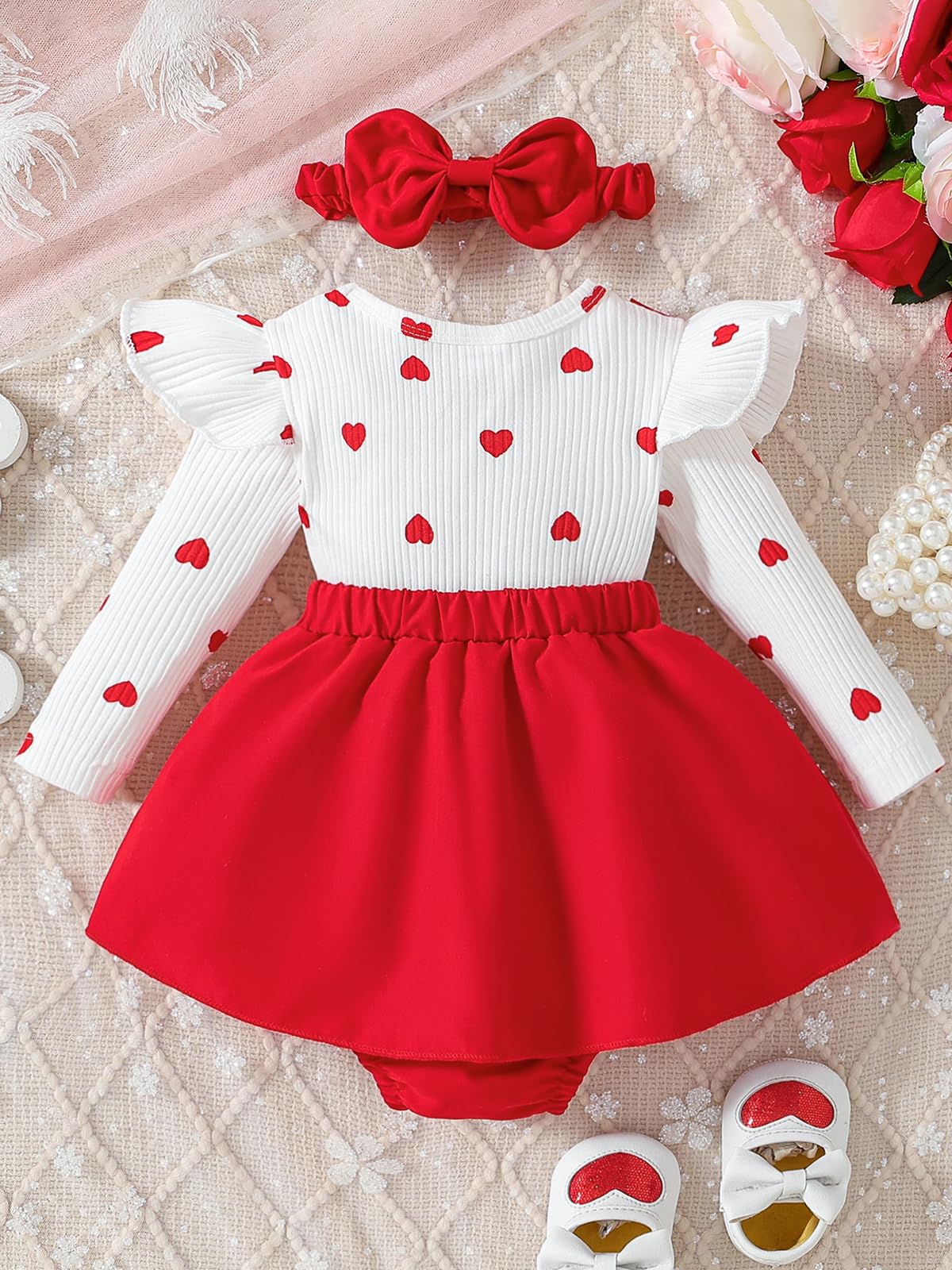 Wolbay Newborn Infant Valentines Baby Girl Outfit Love Print Romper Drees Ruffles Bodysuit Jumpsuit Clothes And Headband (Reda,