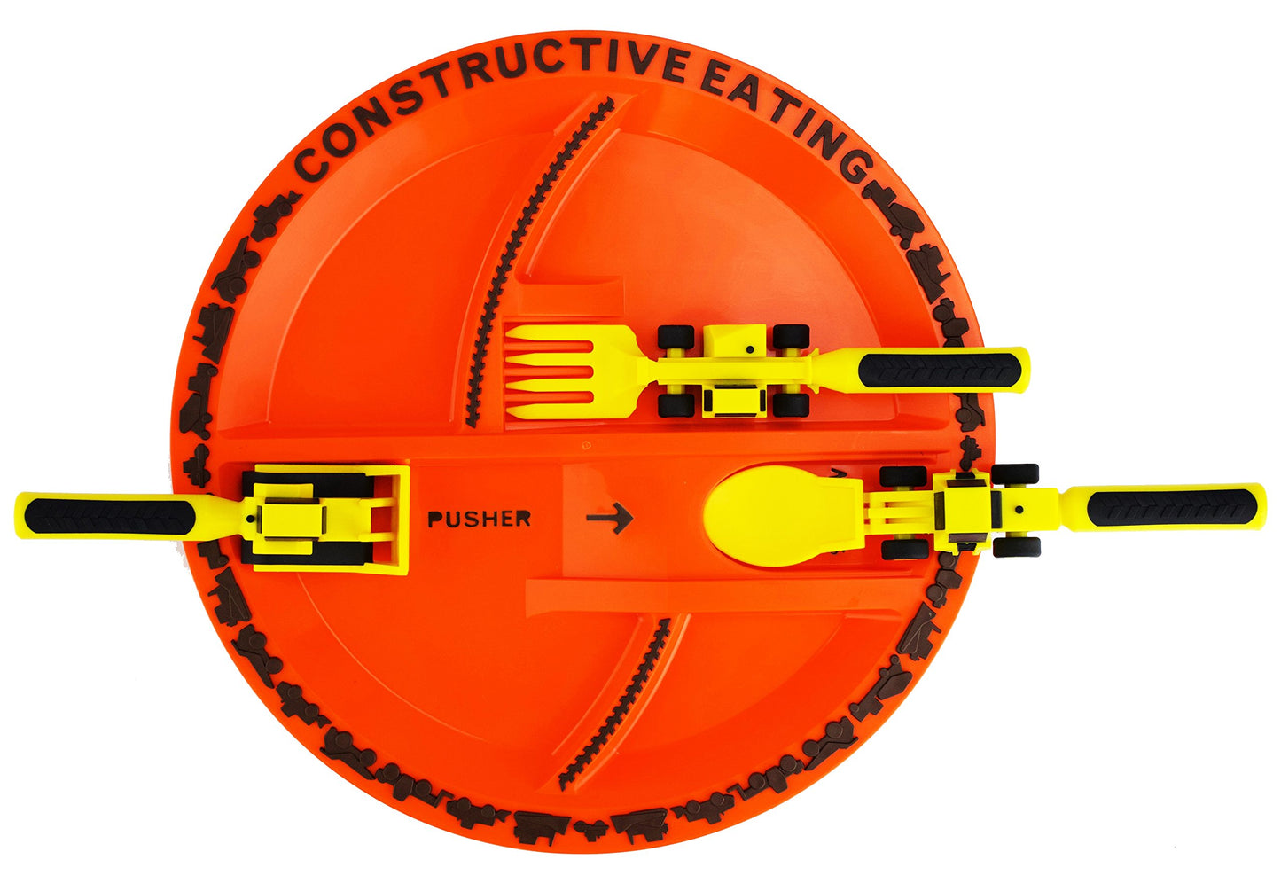 Constructive Eating Made In Usa Construction And Dinosaur Combo With 2 Utensil Sets And 2 Plates For Toddlers, Infants, Babies A