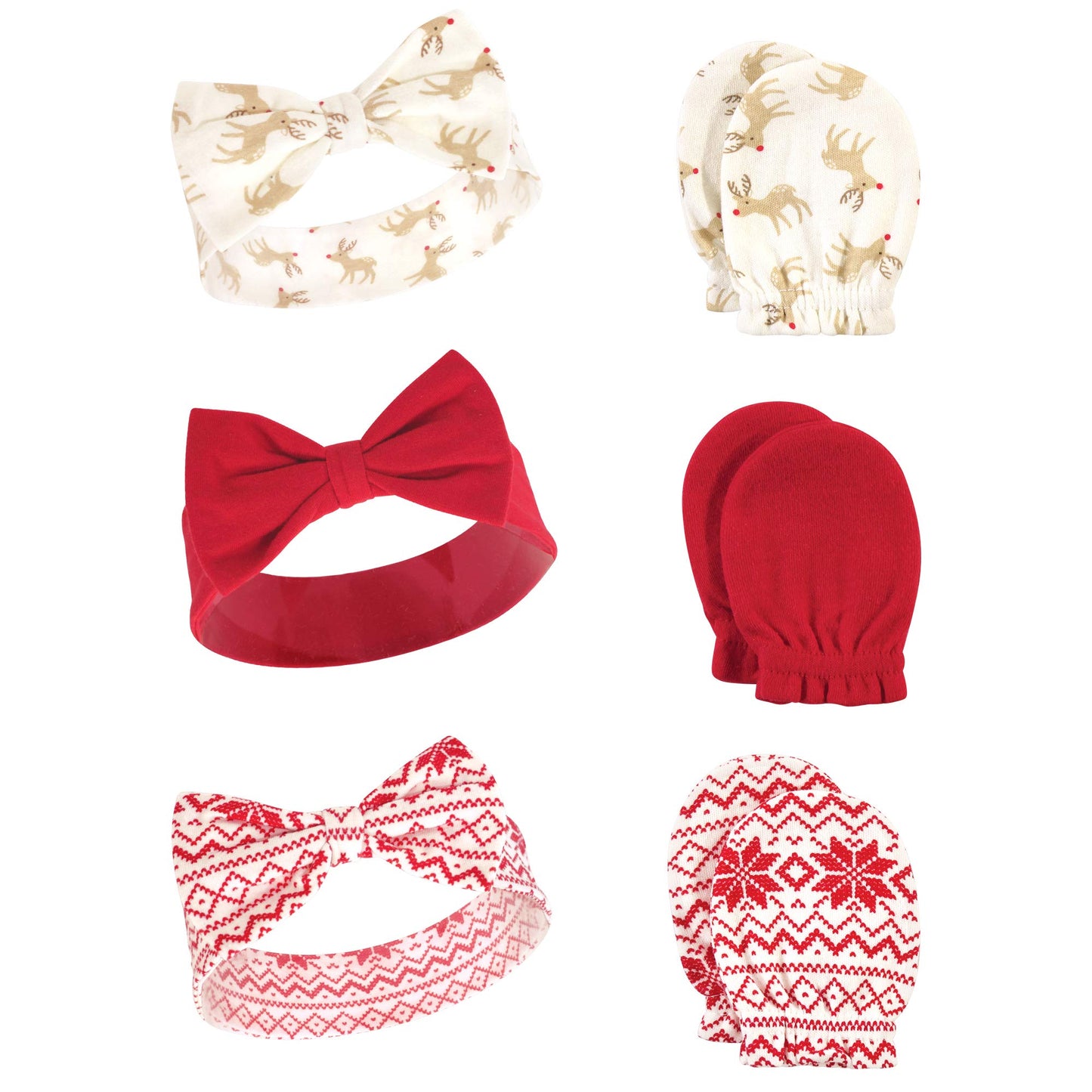 Hudson Baby Infant Girl Cotton Headband And Scratch Mitten Set Reindeer, 0-6 Months