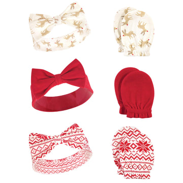 Hudson Baby Infant Girl Cotton Headband And Scratch Mitten Set Reindeer, 0-6 Months