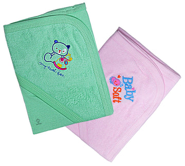 Sathiyas Akash 100% Cotton Embroidered Baby Towels  Pack Of 2 (Blue || Cream)