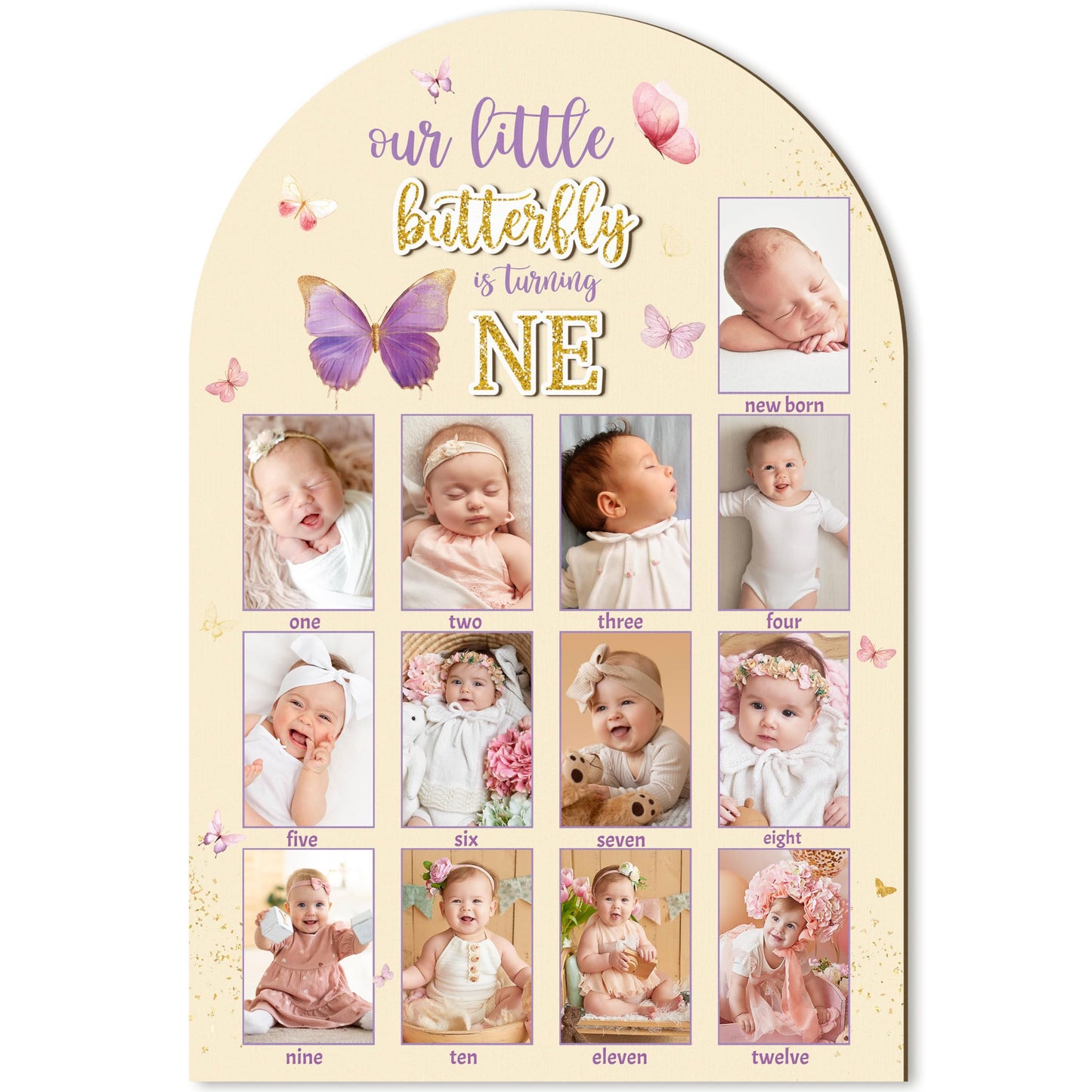 R HORSE My First Year Photo Display Wood Board - 3D Pink Purple Butterfly Baby s First Year Picture Frame, 12 Months Milestone 
