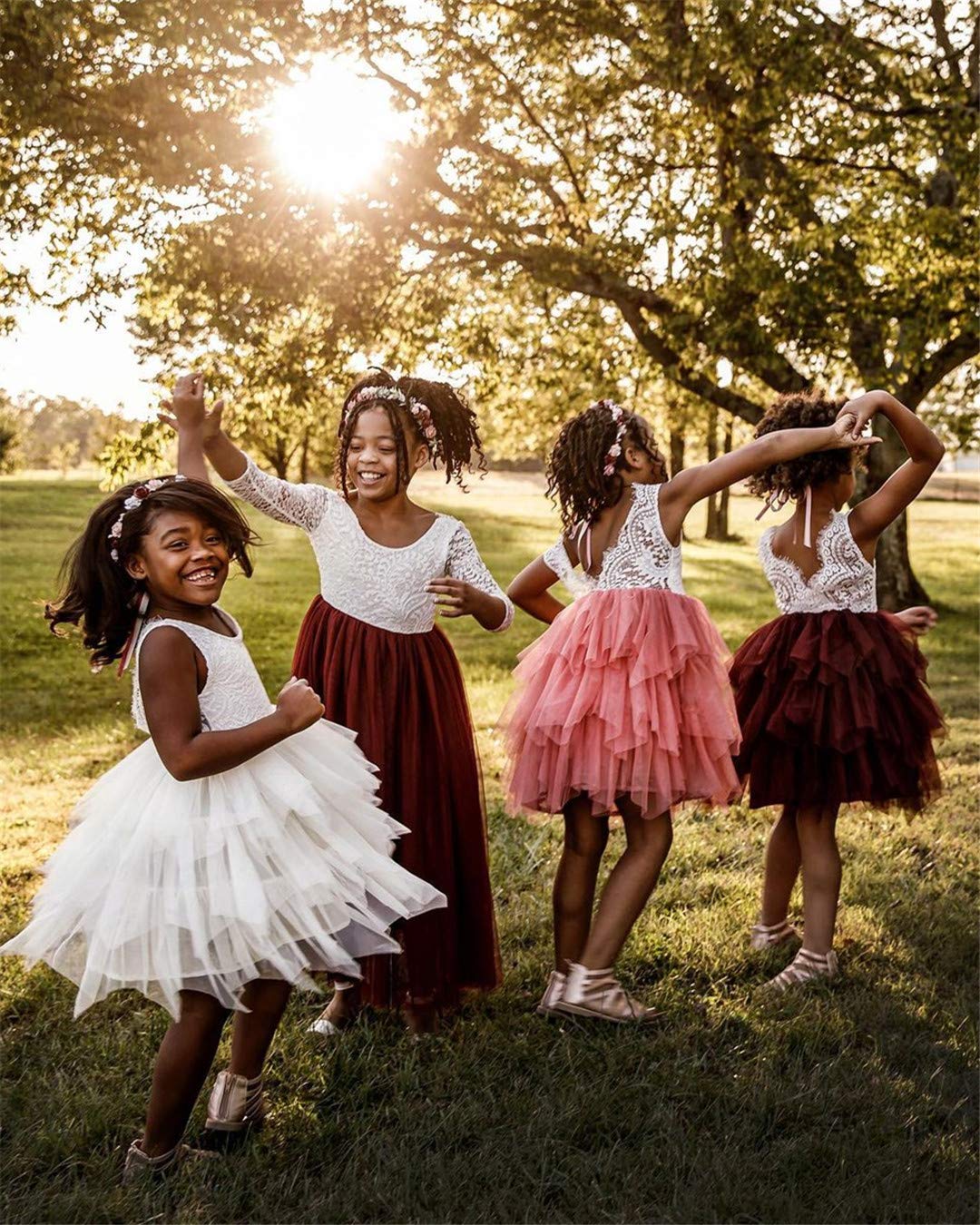 2Bunnies Girl Peony Lace Back A-Line Tiered Tutu Tulle Flower Girl Dress (Burgundy Sleeveless Short, 6)