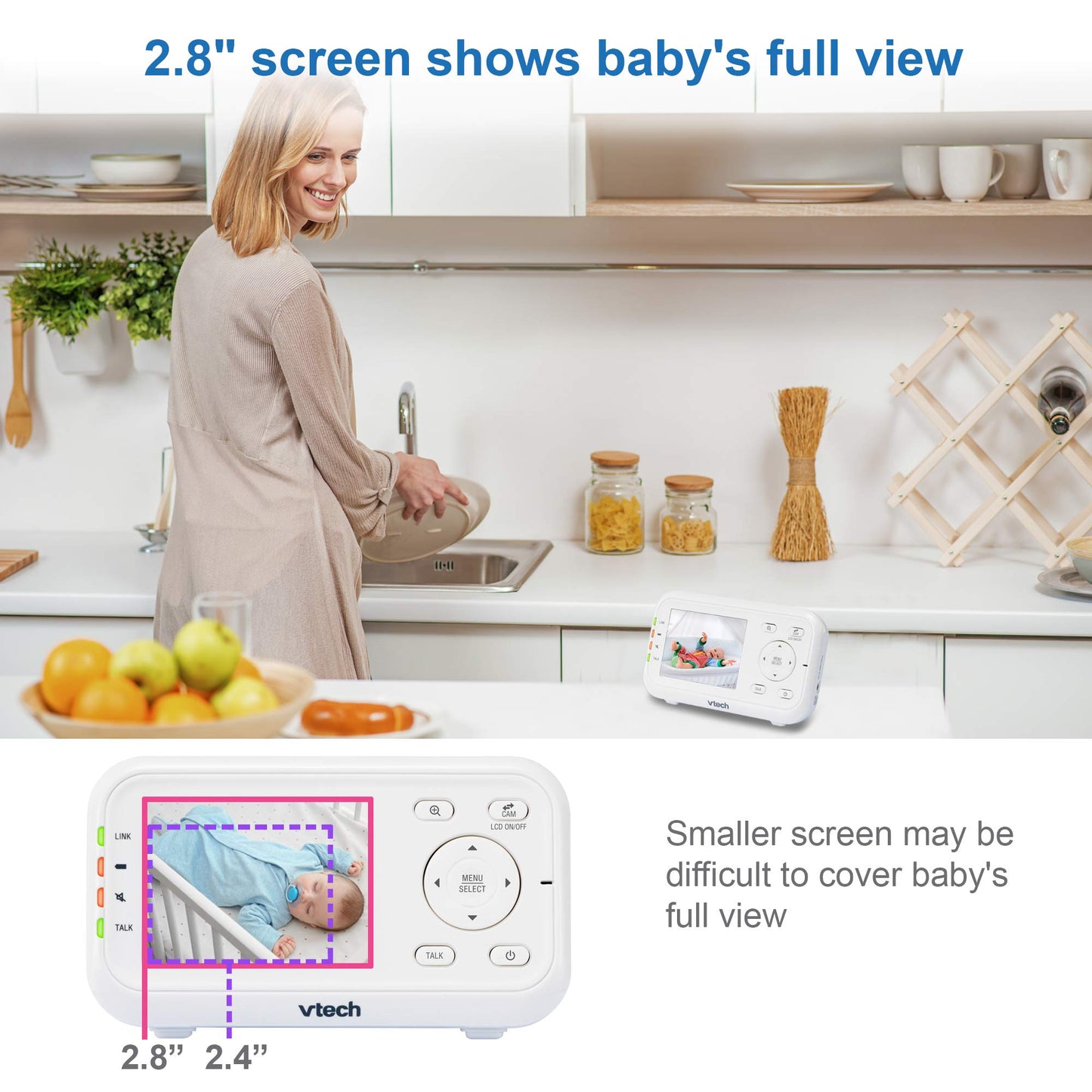 Vtech Video Baby Monitor With 1000Ft Long Range, Auto Night Vision, 2.8    Screen, 2-Way Audio Talk, Temperature Sensor, Power S