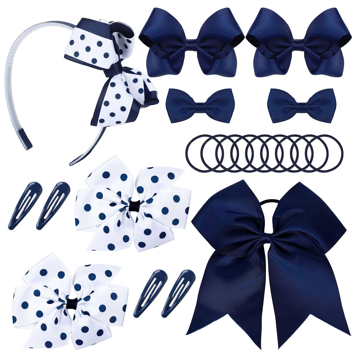 Whaline 20 Pcs Back to School Uniform Hair Bows Set Navy Blue White Multi-styled School Bows Hair Clips Accessories with Headban