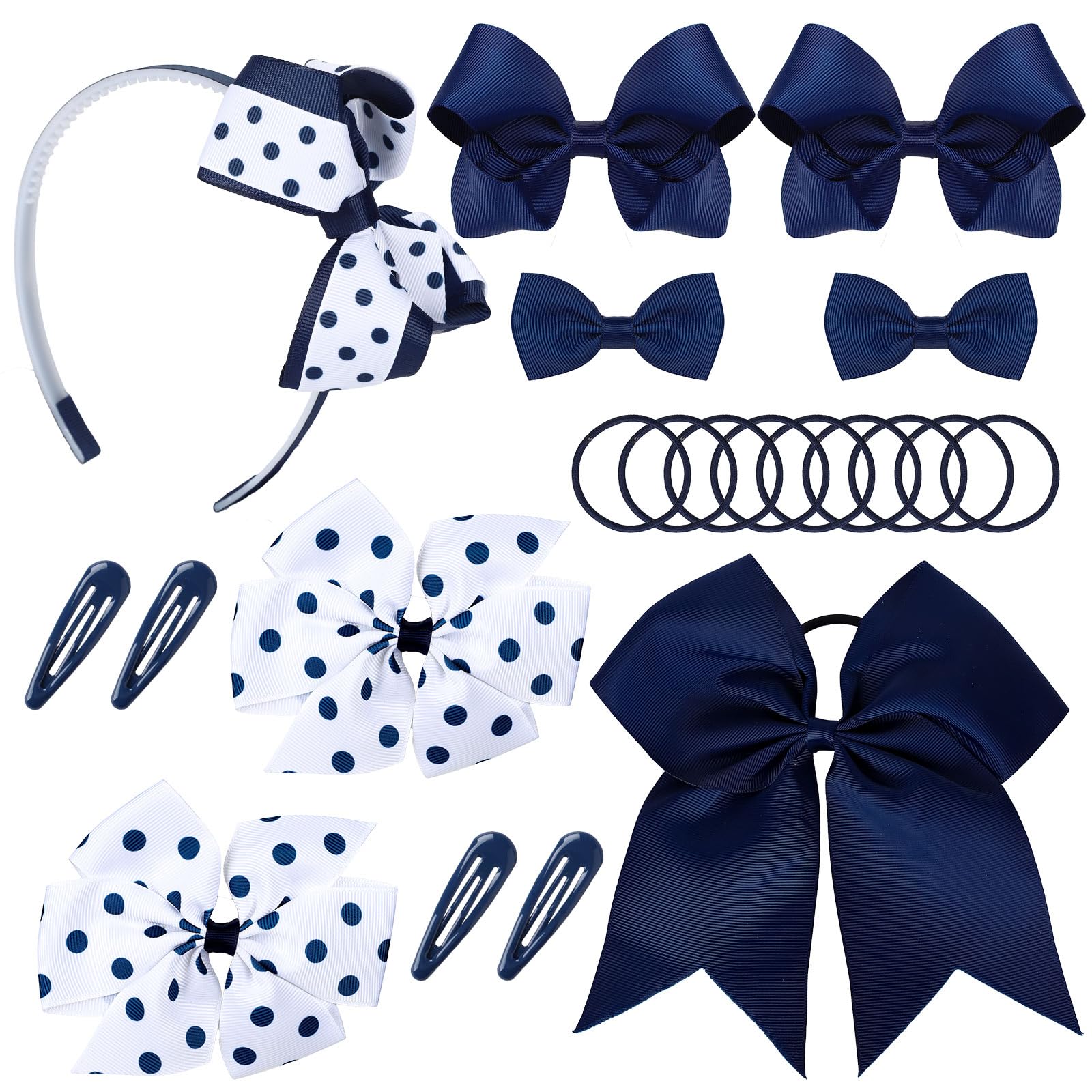 Whaline 20 Pcs Back to School Uniform Hair Bows Set Navy Blue White Multi-styled School Bows Hair Clips Accessories with Headban