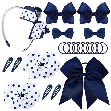 Whaline 20 Pcs Back to School Uniform Hair Bows Set Navy Blue White Multi-styled School Bows Hair Clips Accessories with Headban
