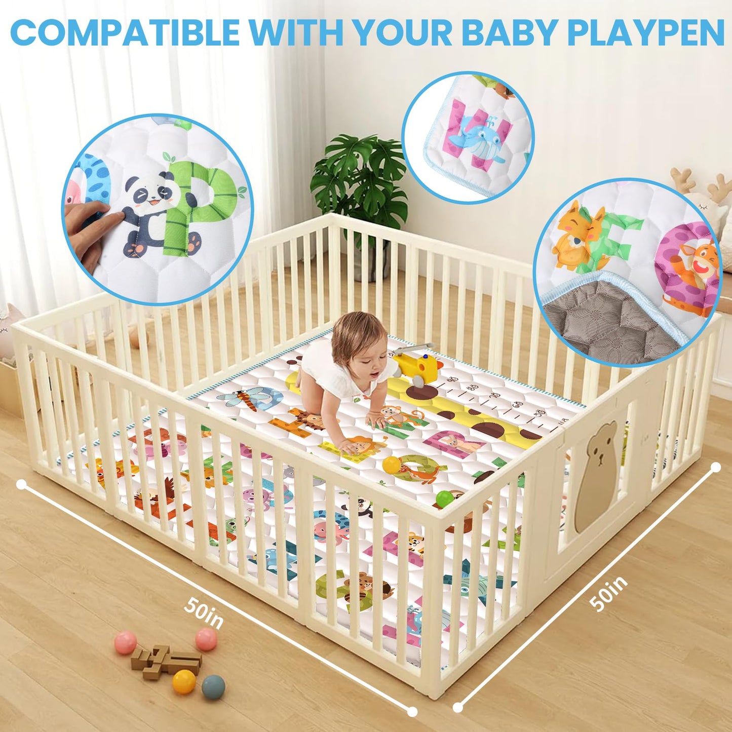 Baby Play Mat For Floor, 2 In 1 Crawling & Learning 50X50 Playpen With Vivid Alphabet & Animal Pattern, Non-Slip One-Piece Foam