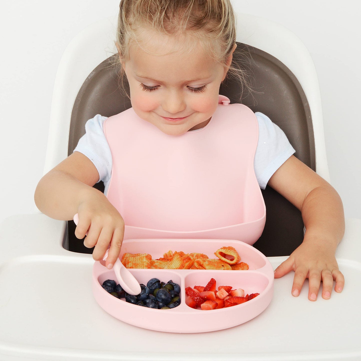 Primastella Unbreakable Silicone Non-Slip Baby & Toddler Plate And Spoon Feeding Set - Pink