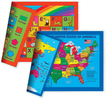 Natural Learning Children'S Placemat (2 Placemats: Usa/Europe Centered World Map; Multiplication And Division 2-In-1)