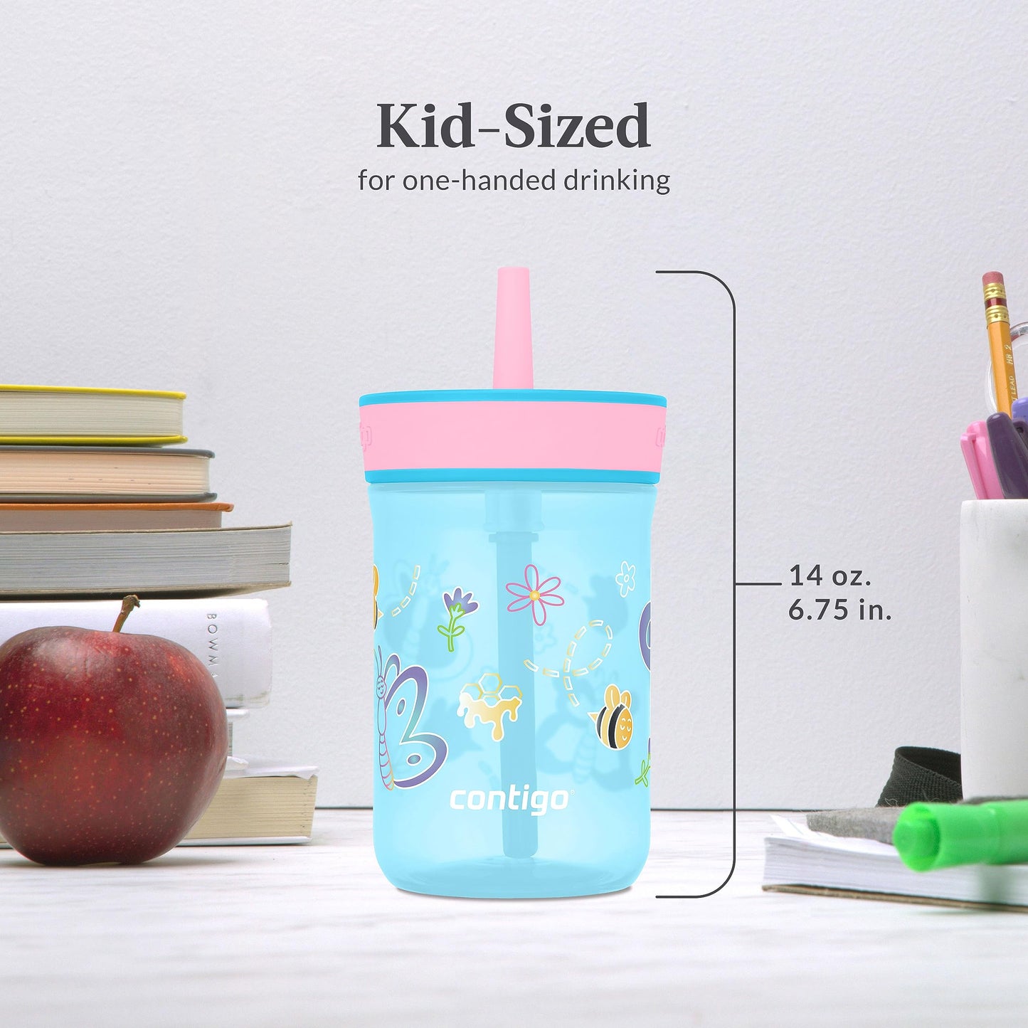 Contigo Leighton Kids Plastic Water Bottles, Spill-Proof Tumblers With Straw, Dishwasher Safe, 14Oz 2-Pack In Blue Raspberry/But