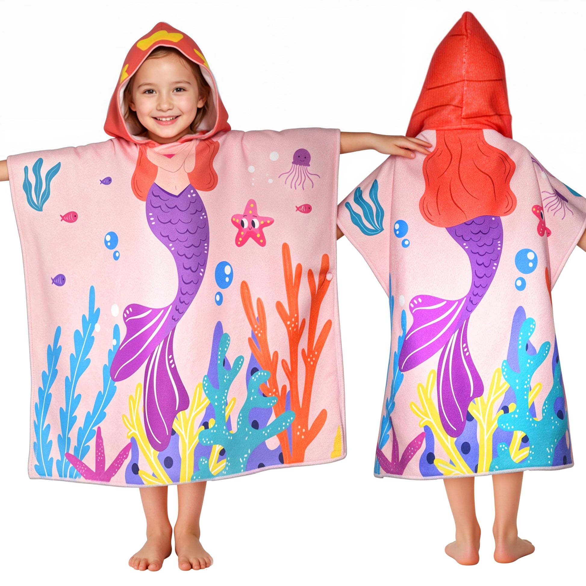 Mermaid Hooded Towels for Kids, with Backpack, Kids Beach Towel 30x 25 for 3-10 Years, Mermaid Gifts for Girls, Toddler Swim Cov