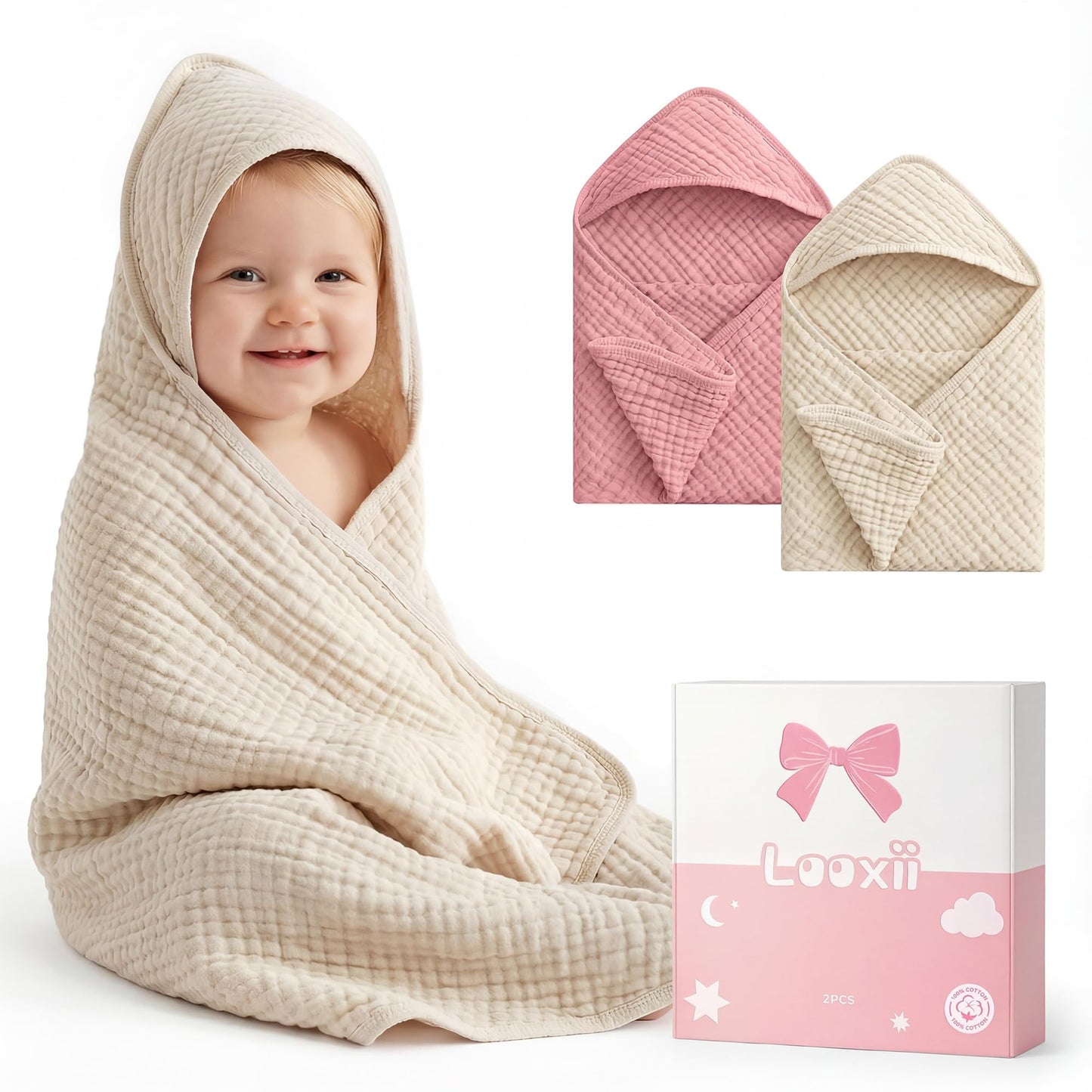 Looxii Baby Bath Towels 2 Pack Muslin Hooded Baby Towels for Newborn and Infants, 100% Cotton, Large 32x32Inch, Soft and Absorbe