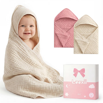 Looxii Baby Bath Towels 2 Pack Muslin Hooded Baby Towels for Newborn and Infants, 100% Cotton, Large 32x32Inch, Soft and Absorbe