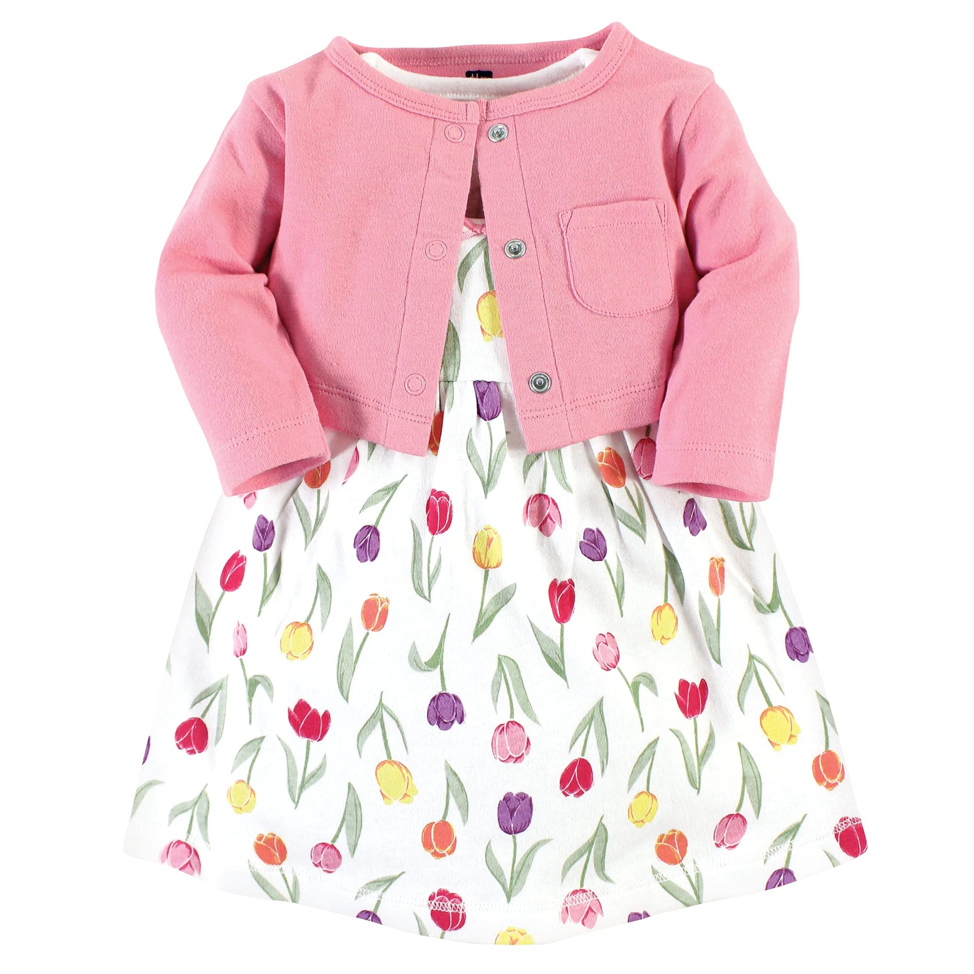 Hudson Baby Baby Girls Cotton And Cardigan Set Casual Dress, Spring Tulips, 3T Us