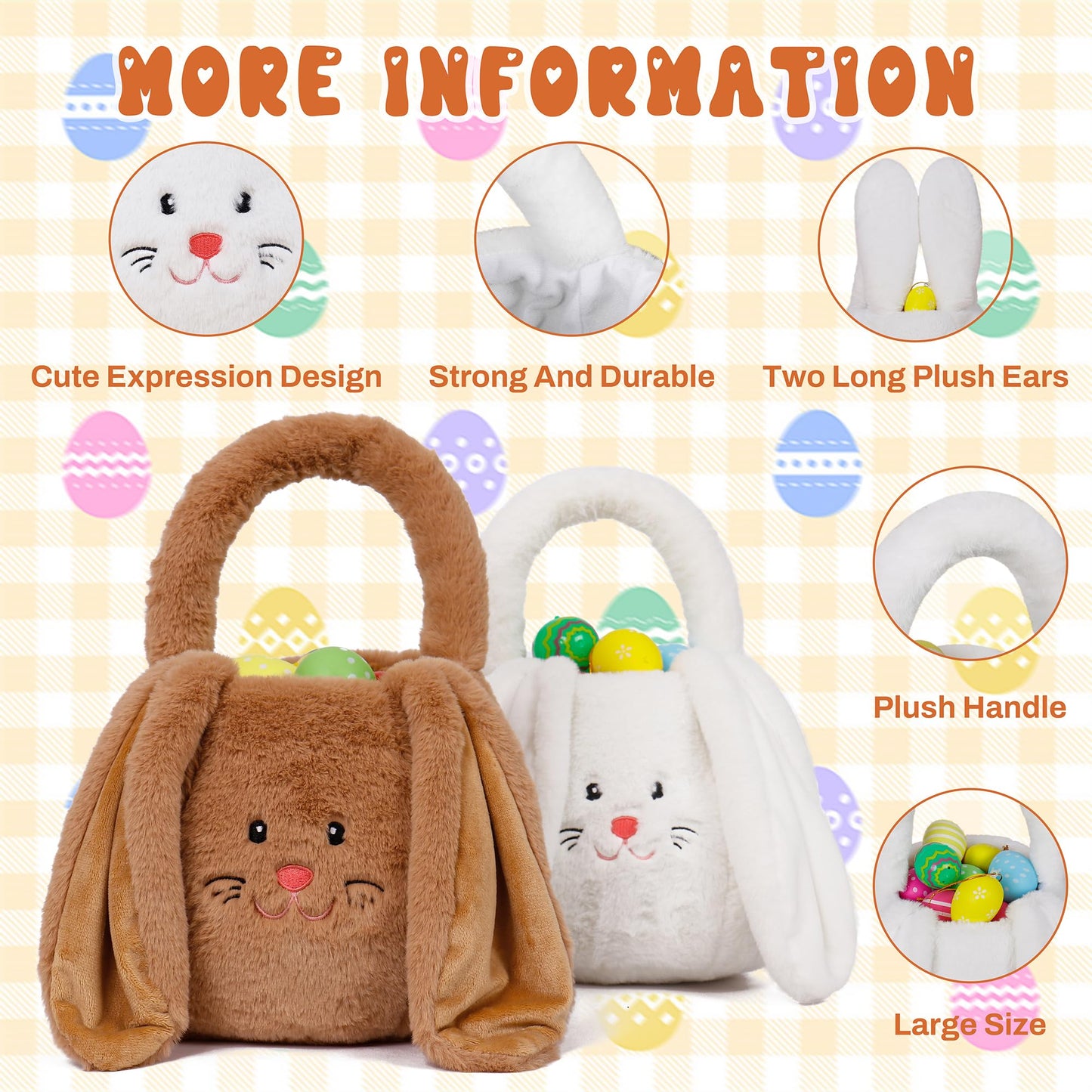 Ourhonor Easter Basket Plush, Bunny Easter Basket For Kids, Plush Easter Buckets With Long Ear Easter Bags For Boys Girls, Easte